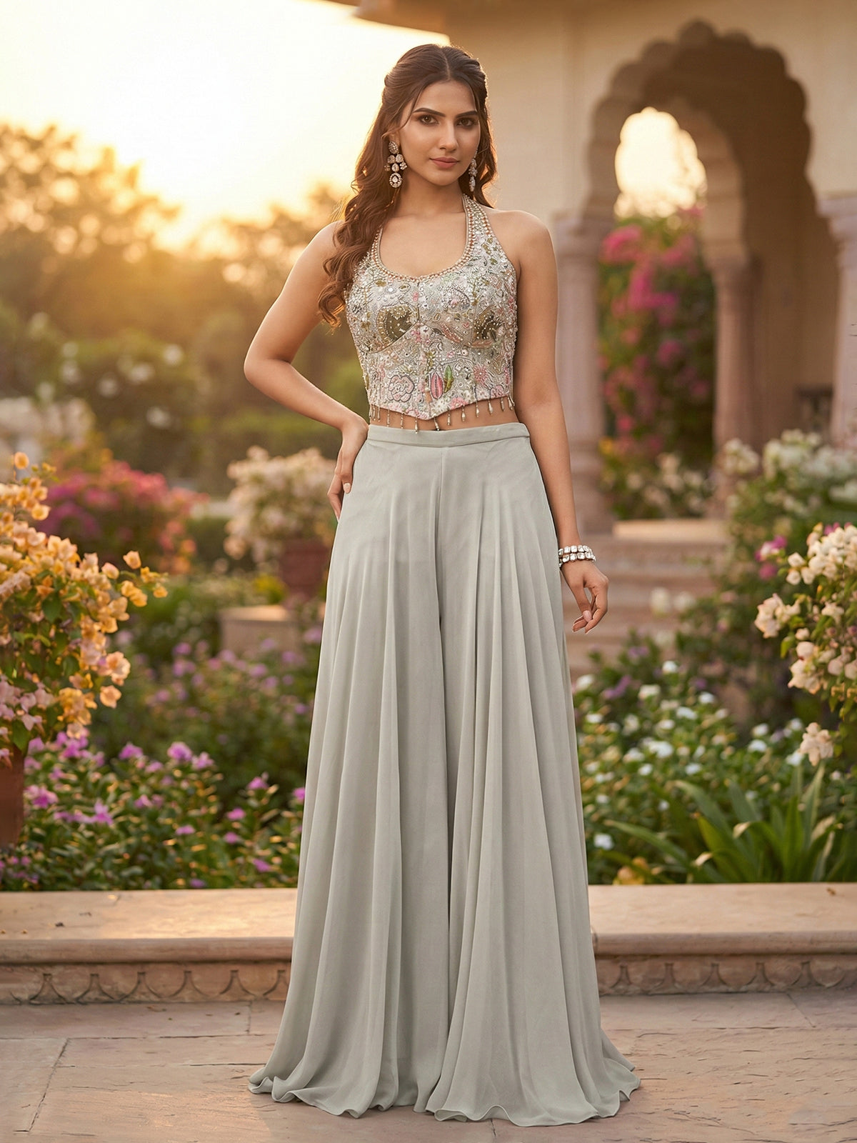 Grey georgette suit with stone and cutdana work