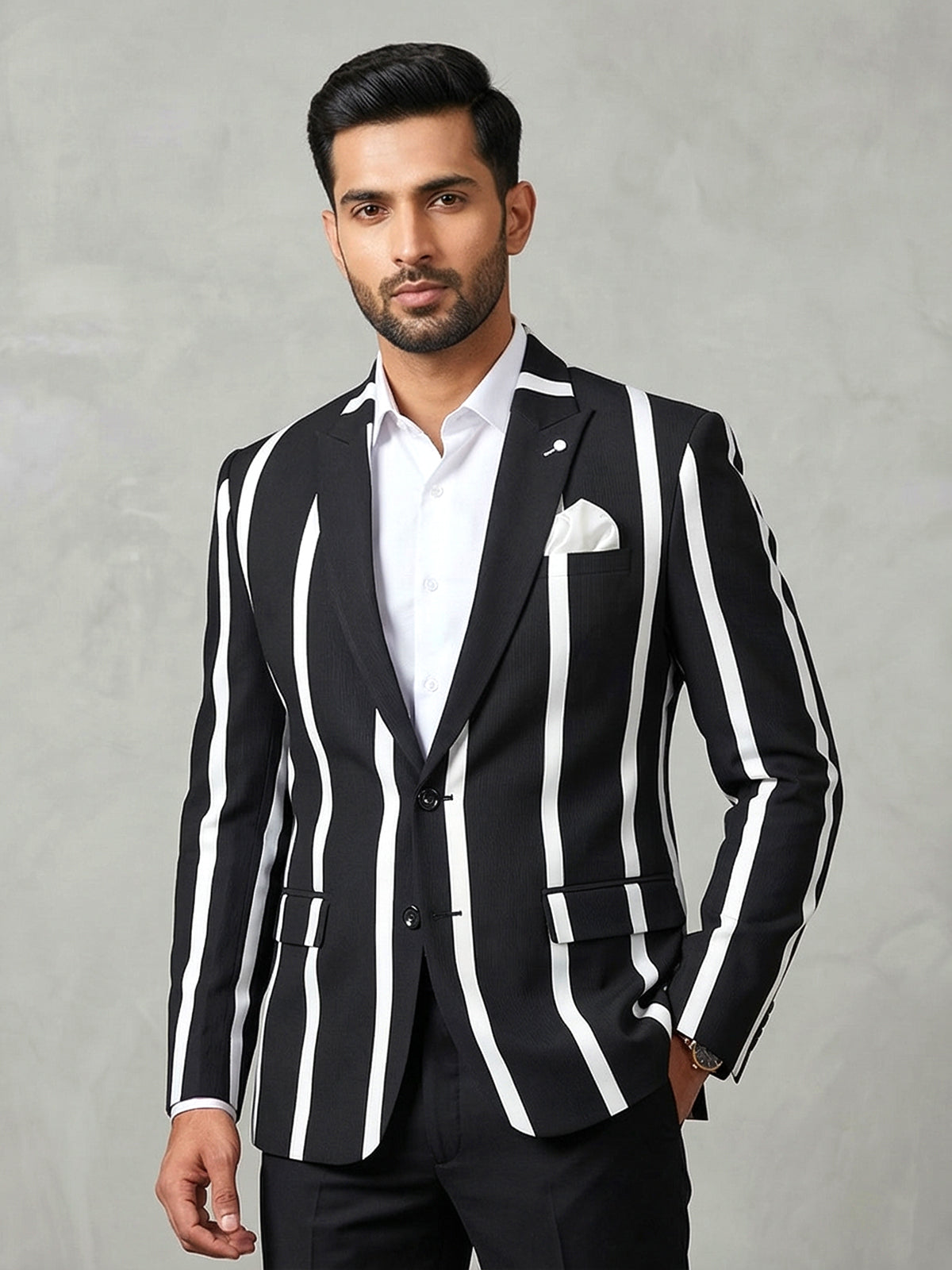 Black and white stripe terry rayon blazer