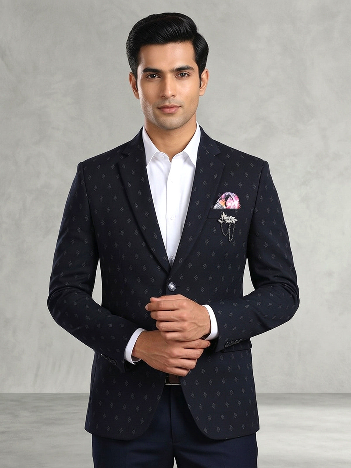 Blue printed terry rayon blazer for men