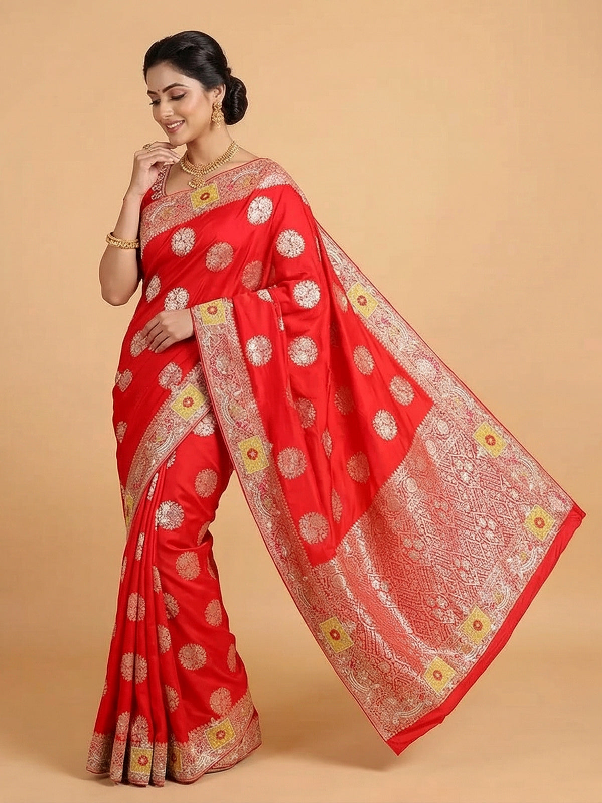 Red silk sari with bandhej print