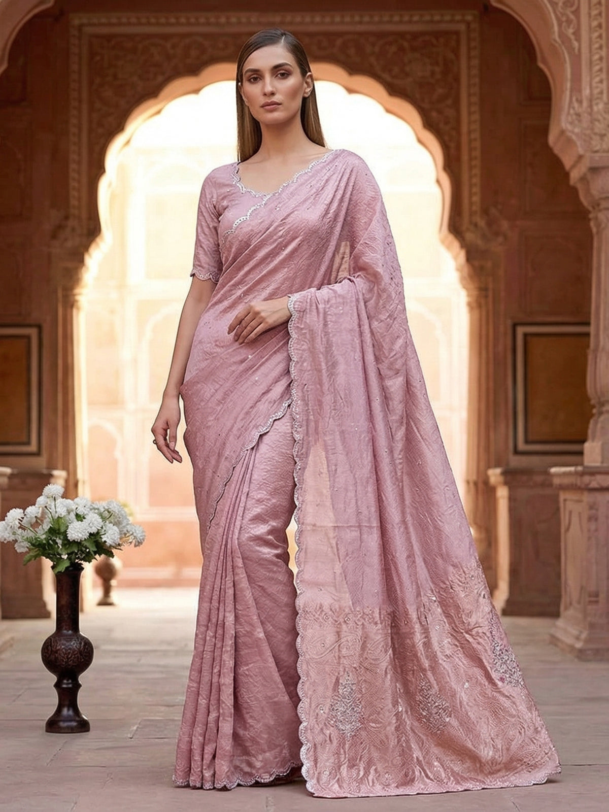 Pink tissue silk reception and wedding saree