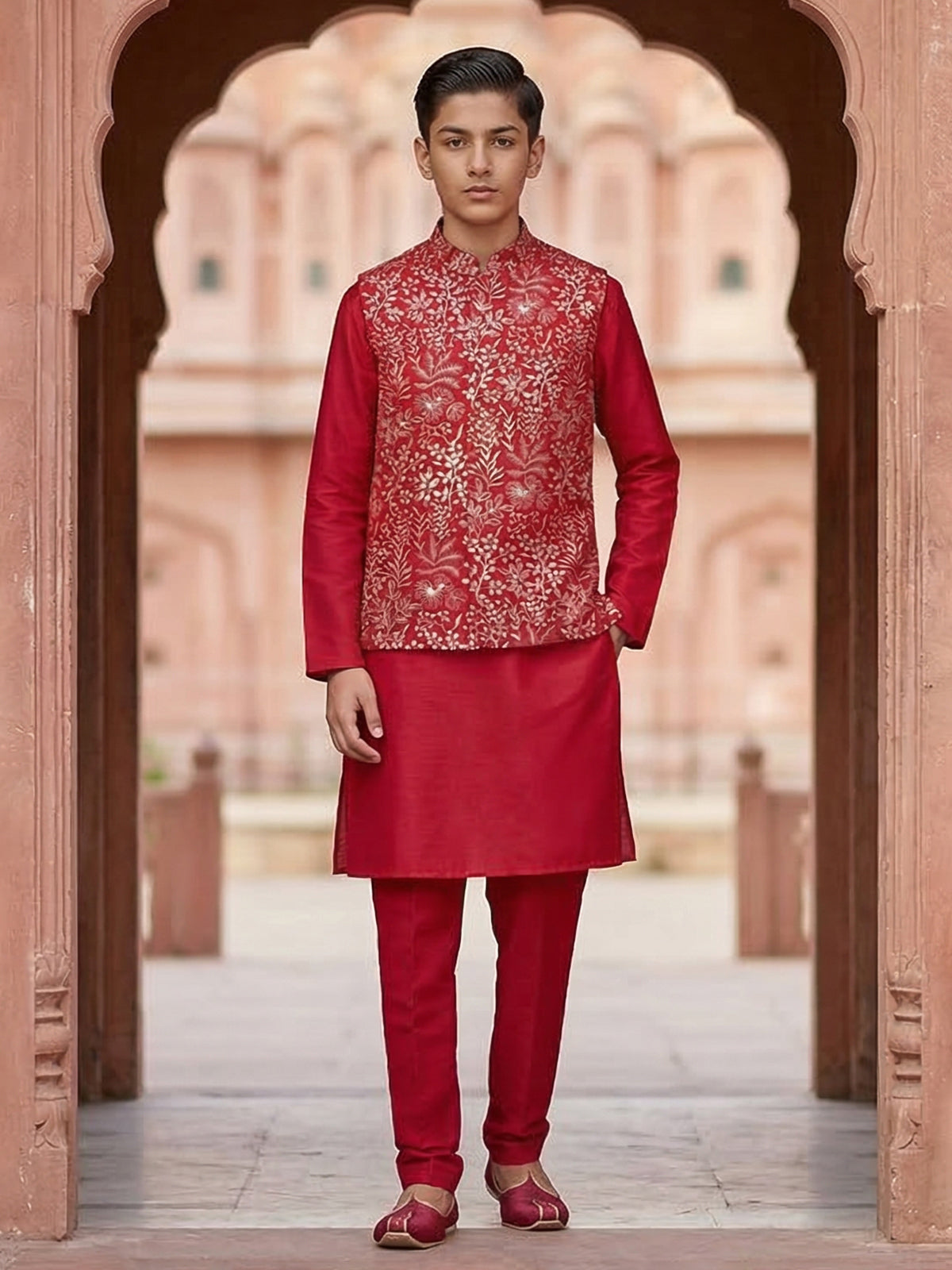 Red reception wear waistcoat set with resham detailing