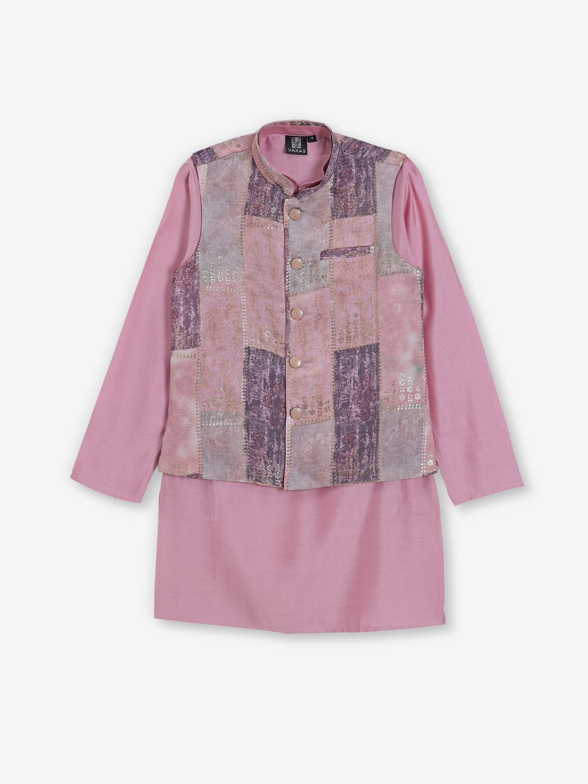 Light pink cotton silk waistcoat set with print