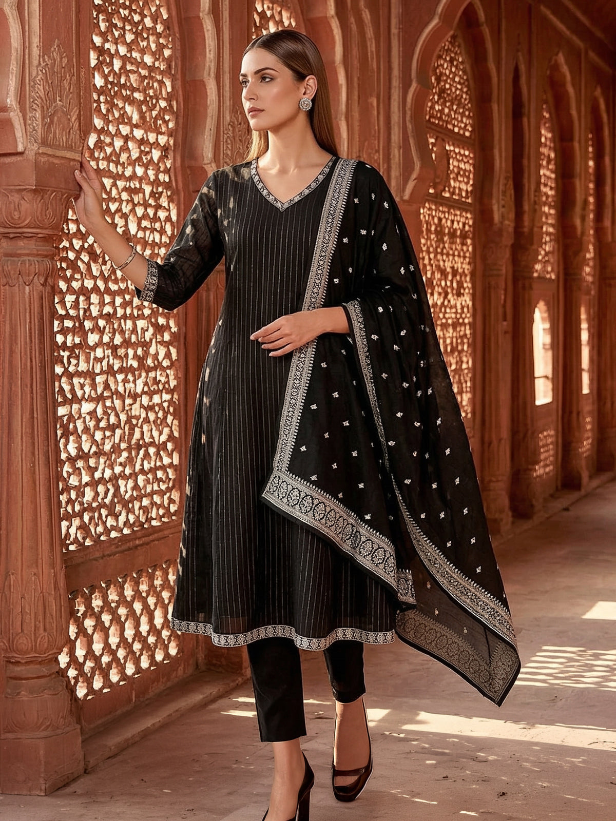Black silk embroidered anarkali suit with dupatta