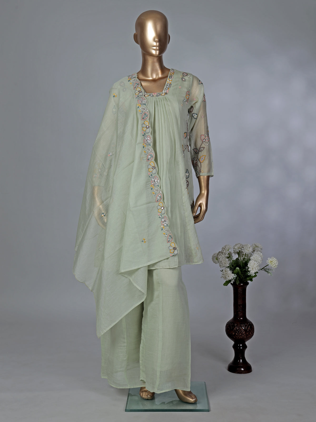 Pista green chiffon linen embroidered palazzo suit with dupatta