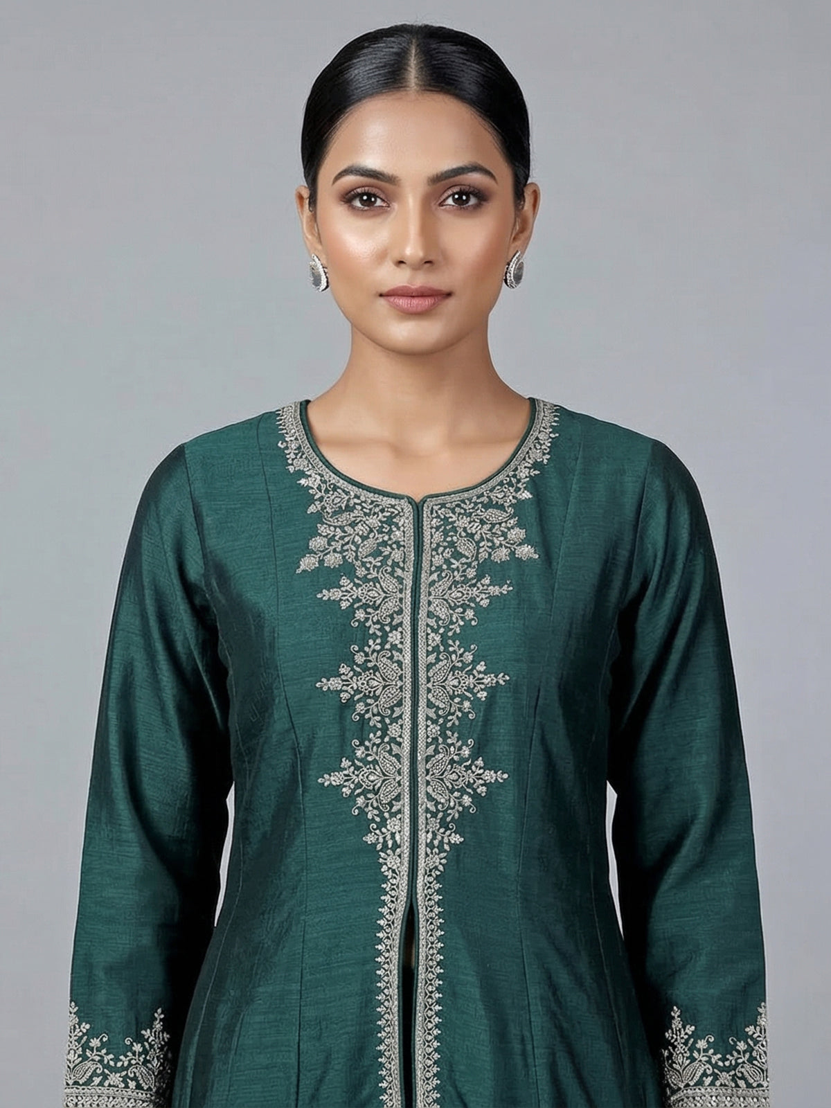 Peacock green silk embroidered palazzo suit with dupatta