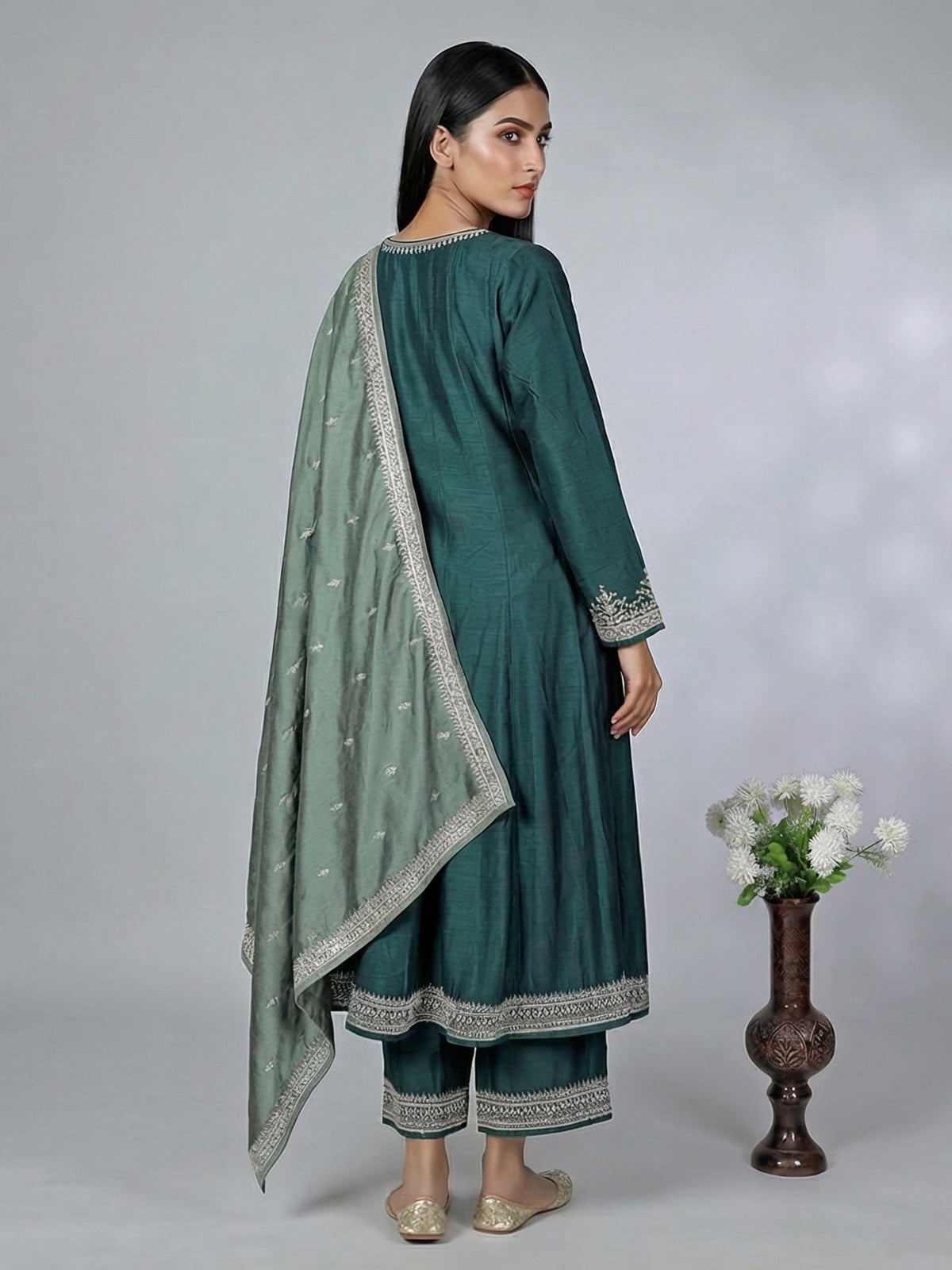 Peacock green silk embroidered palazzo suit with dupatta