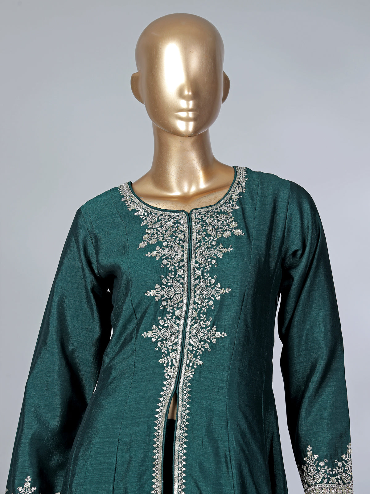 Peacock green silk embroidered palazzo suit with dupatta