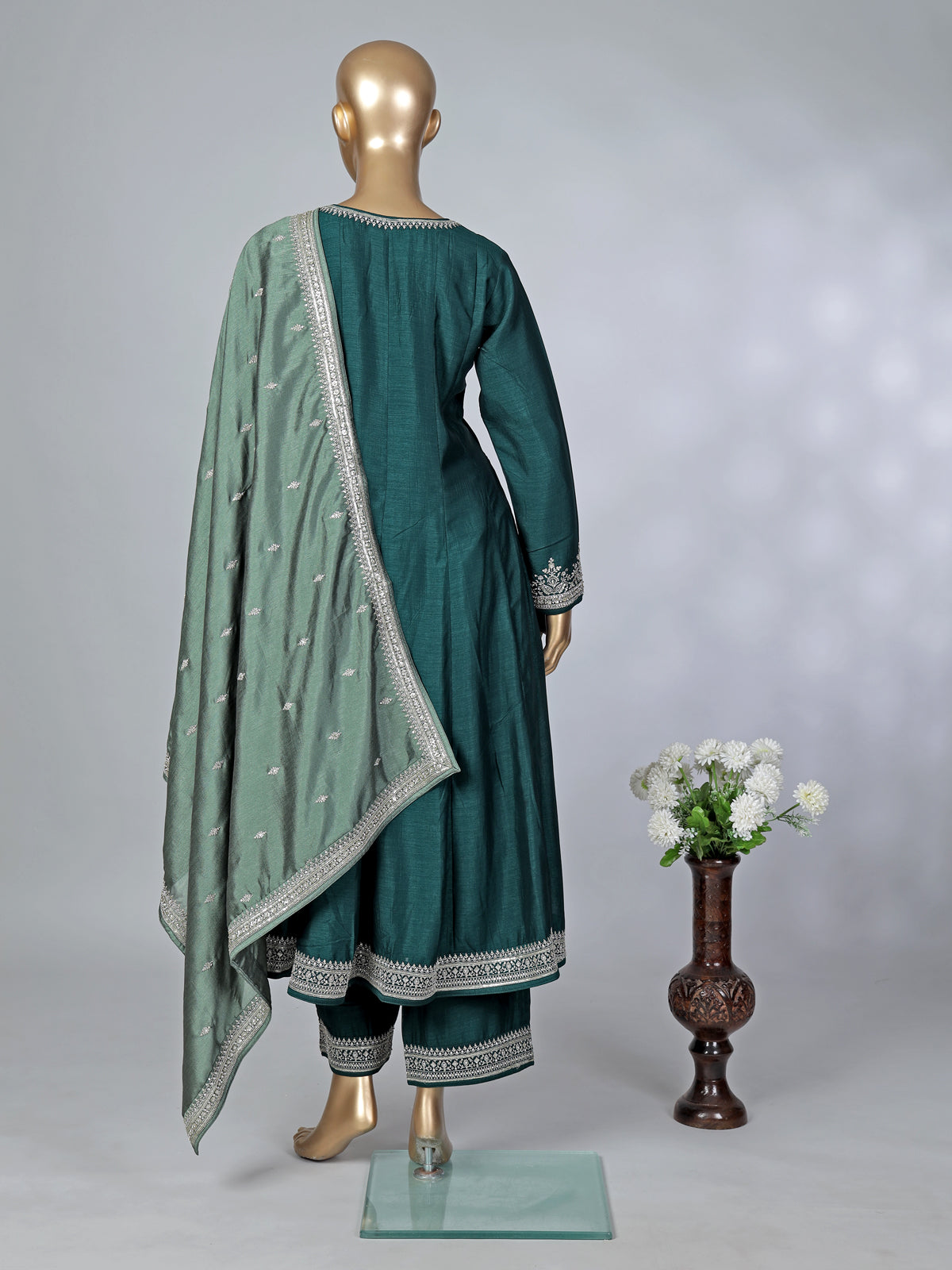 Peacock green silk embroidered palazzo suit with dupatta
