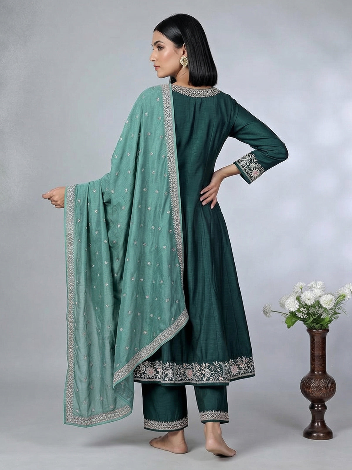 Green silk embroidered festive palazzo suit with contrast dupatta