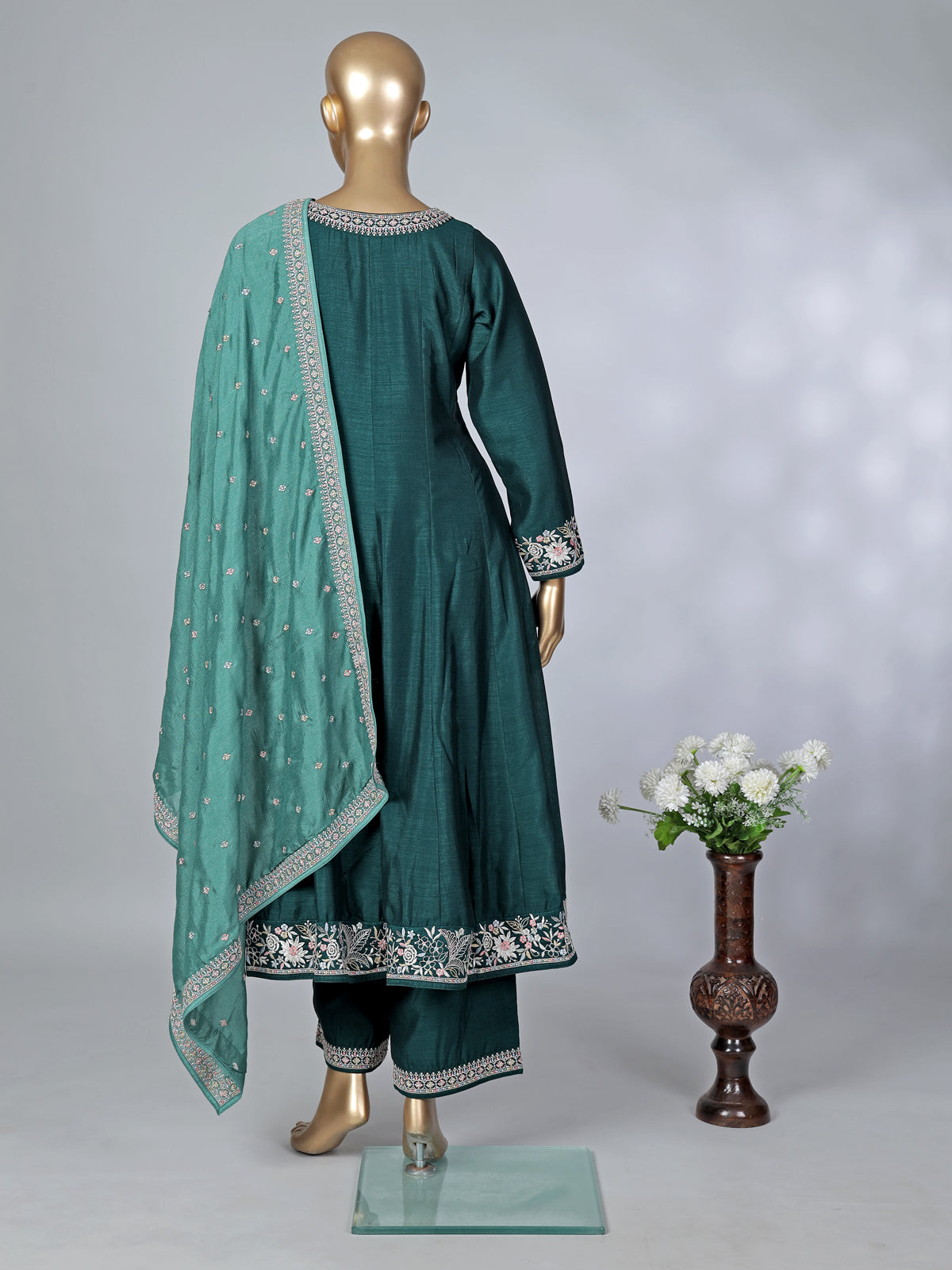 Green silk embroidered festive palazzo suit with contrast dupatta