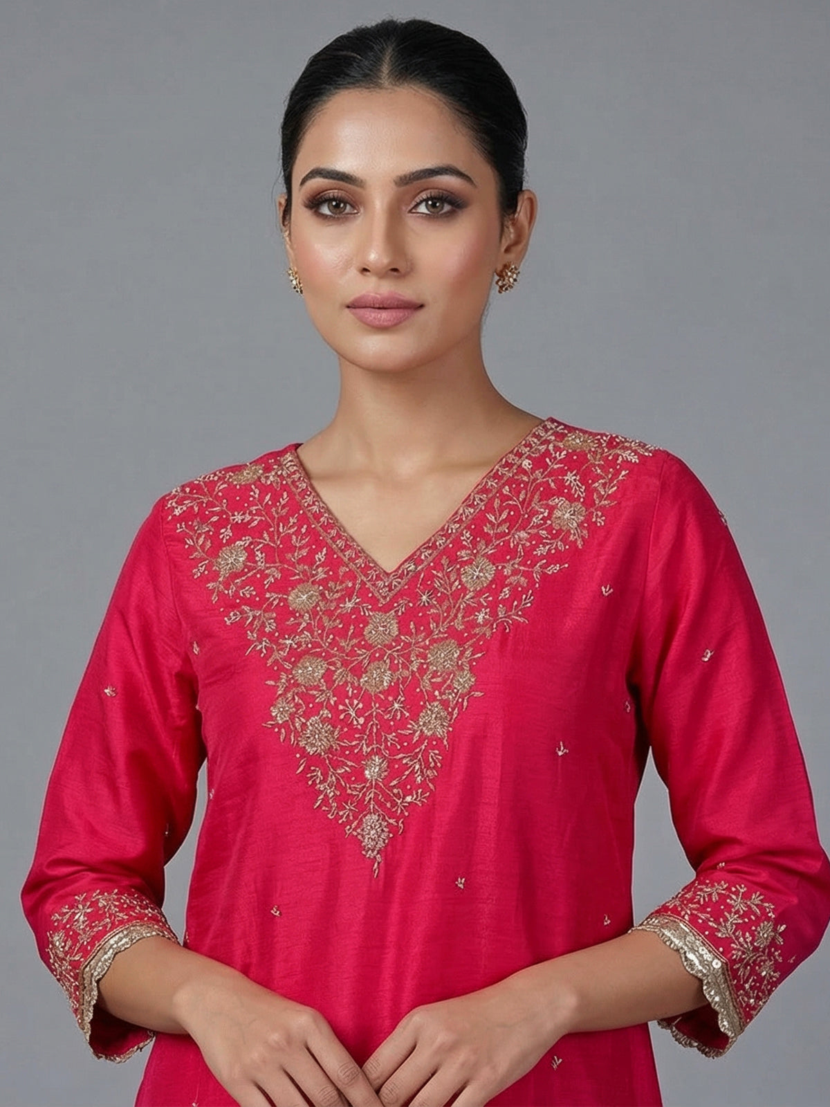 Rani pink silk zardosi embellished festive palazzo suit