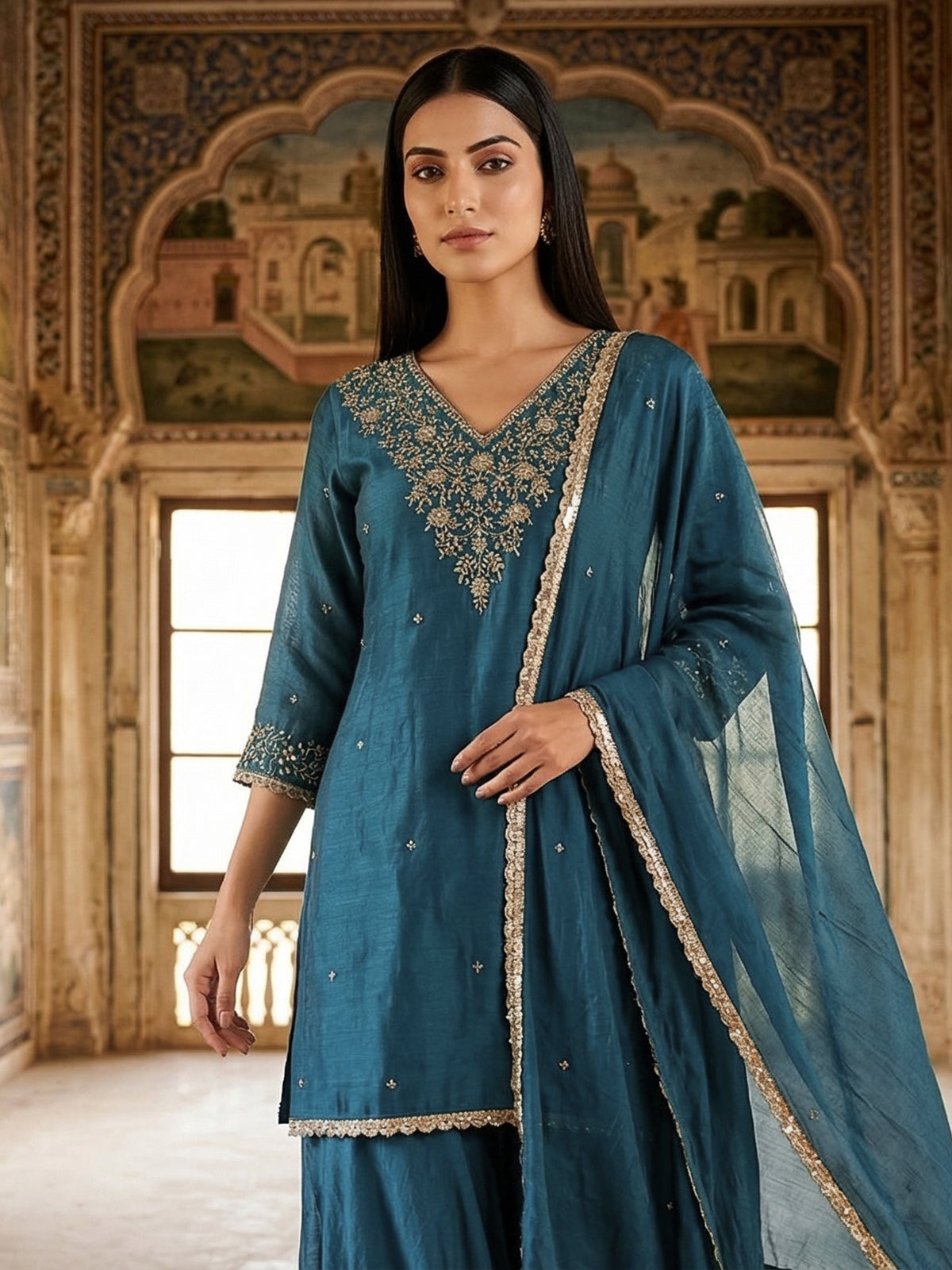 Peacock green silk zardosi embellished palazzo festive suit