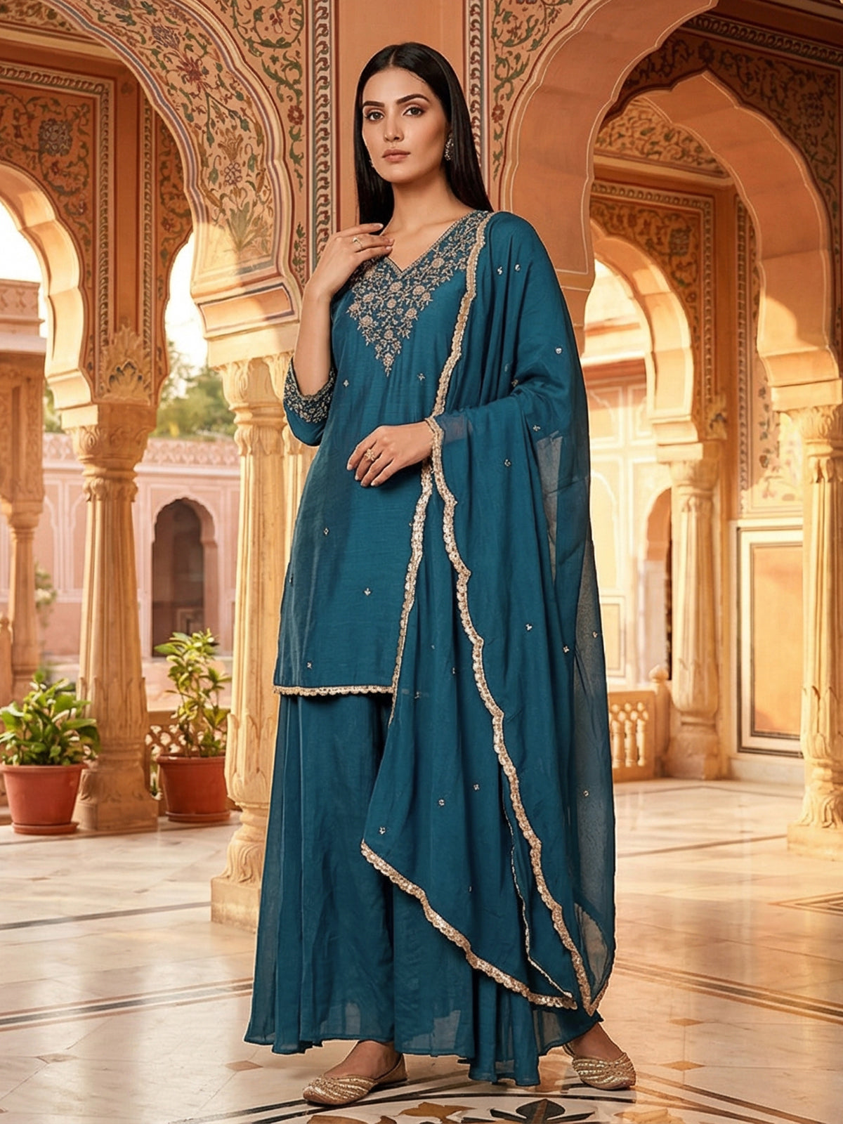 Peacock green silk zardosi embellished palazzo festive suit