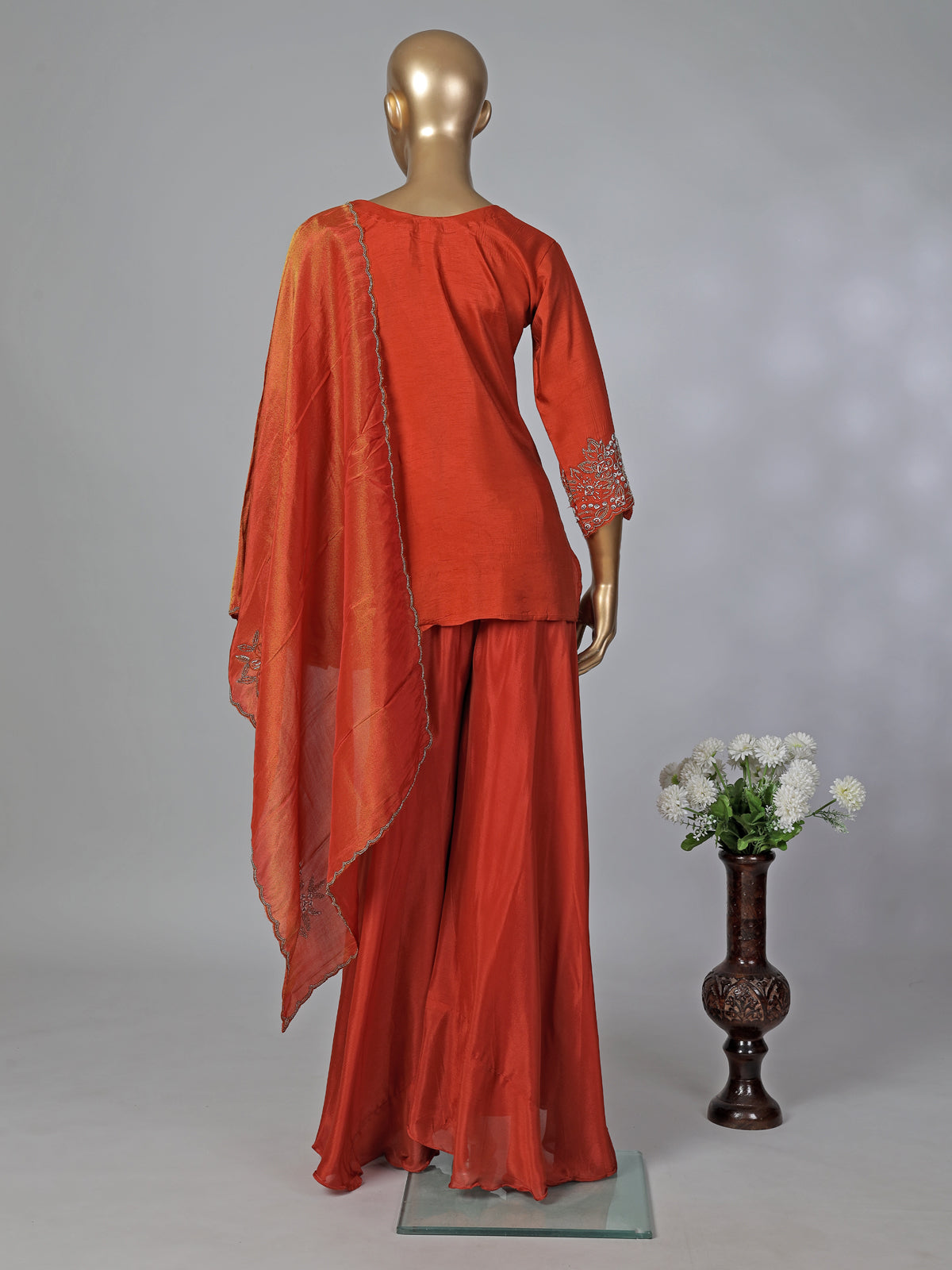 Rust orange chiffon silk embellished palazzo festive suit