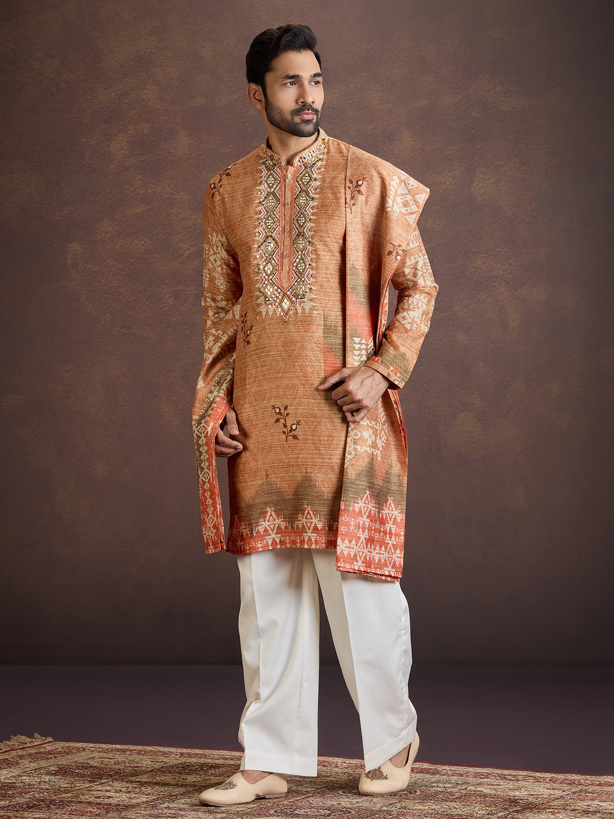 Rust orange printed silk kurta suit with dupatta