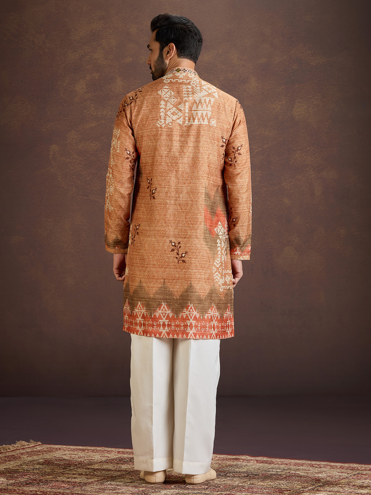 Rust orange printed silk kurta suit with dupatta