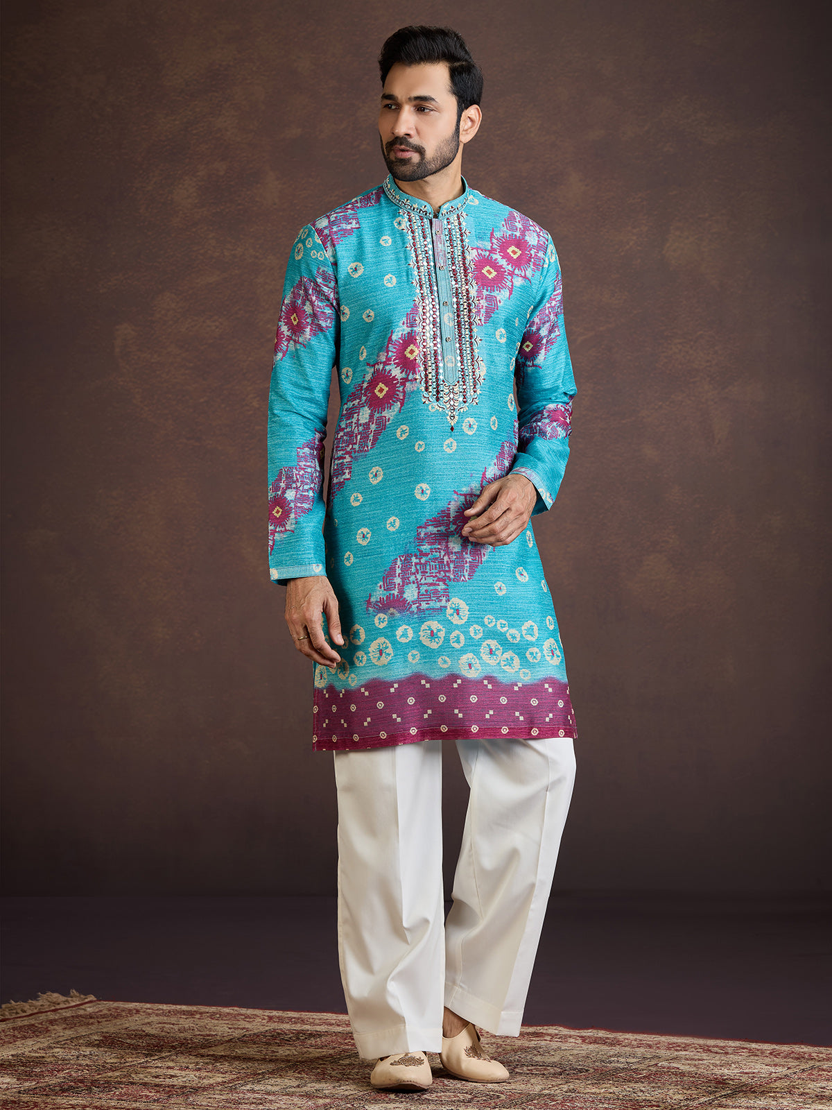 Turquoise blue thread worked silk kurta suit with dupatta