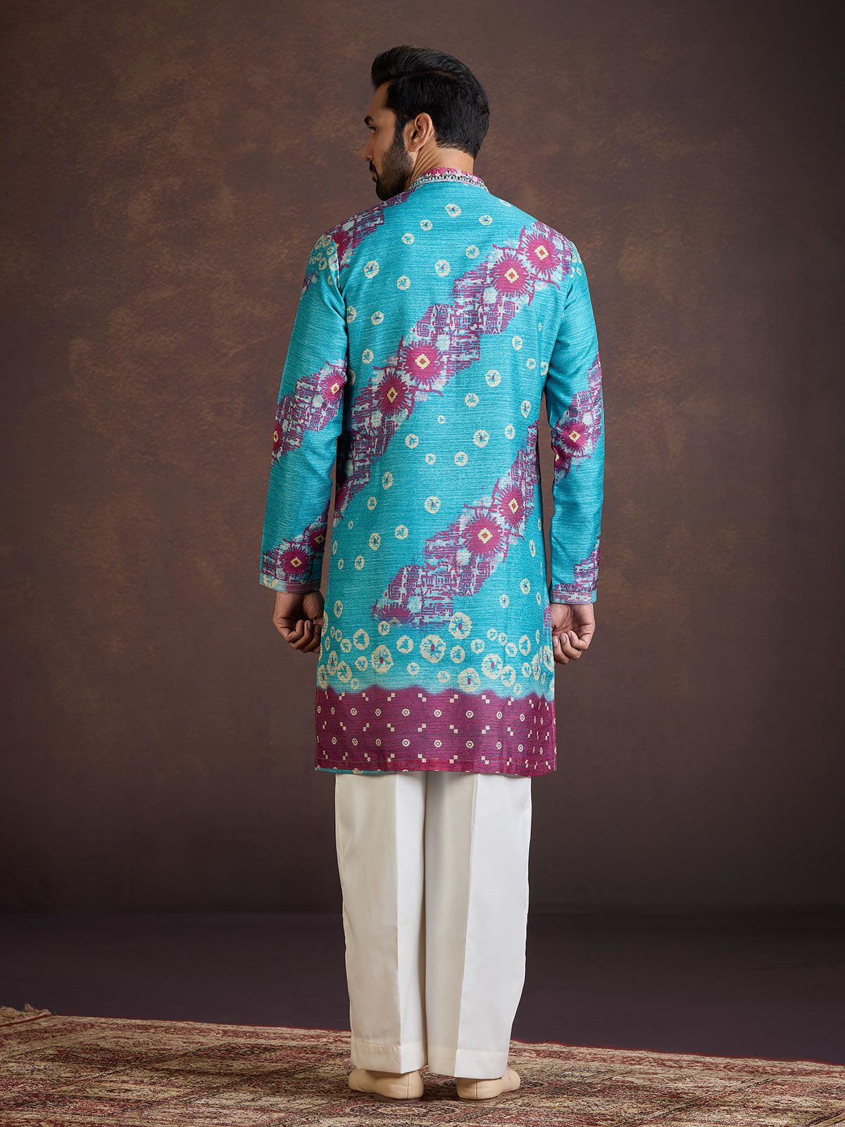 Turquoise blue thread worked silk kurta suit with dupatta