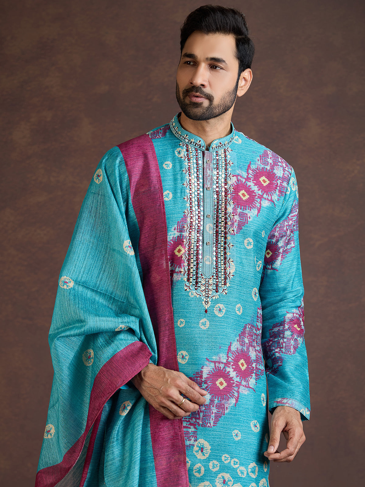 Turquoise blue thread worked silk kurta suit with dupatta