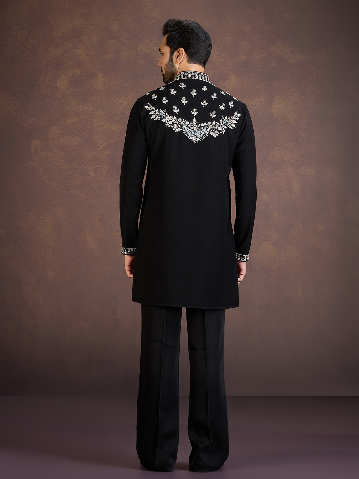 Black embroidered viscose blend kurta suit for reception