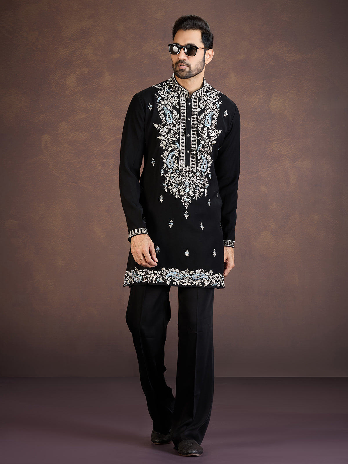 Black embroidered viscose blend kurta suit for reception