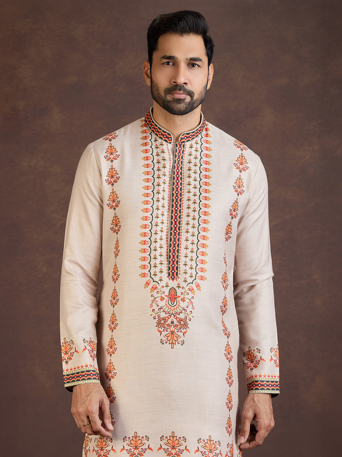 Beige wedding wear soft linen kurta suit with print