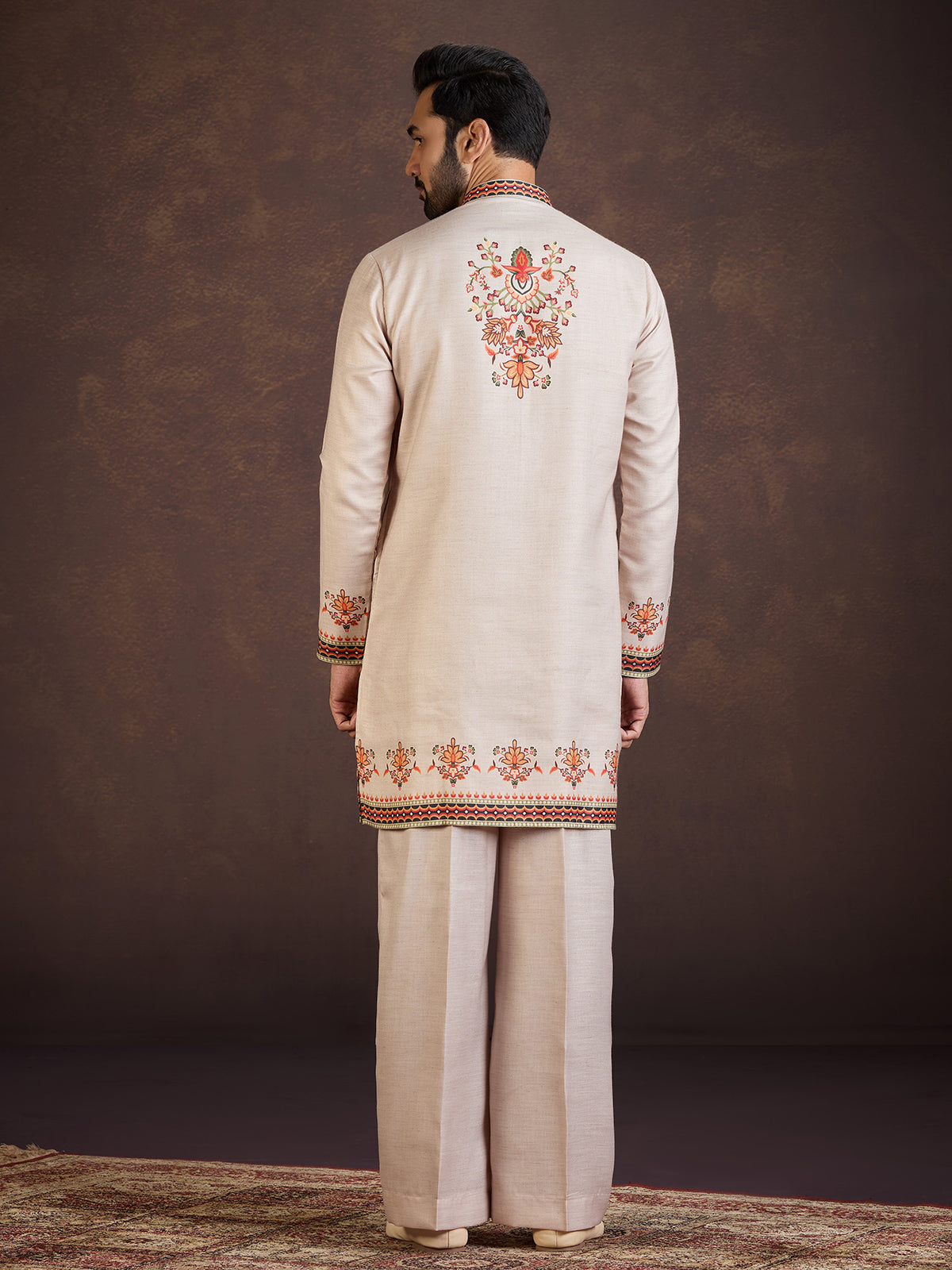 Beige wedding wear soft linen kurta suit with print