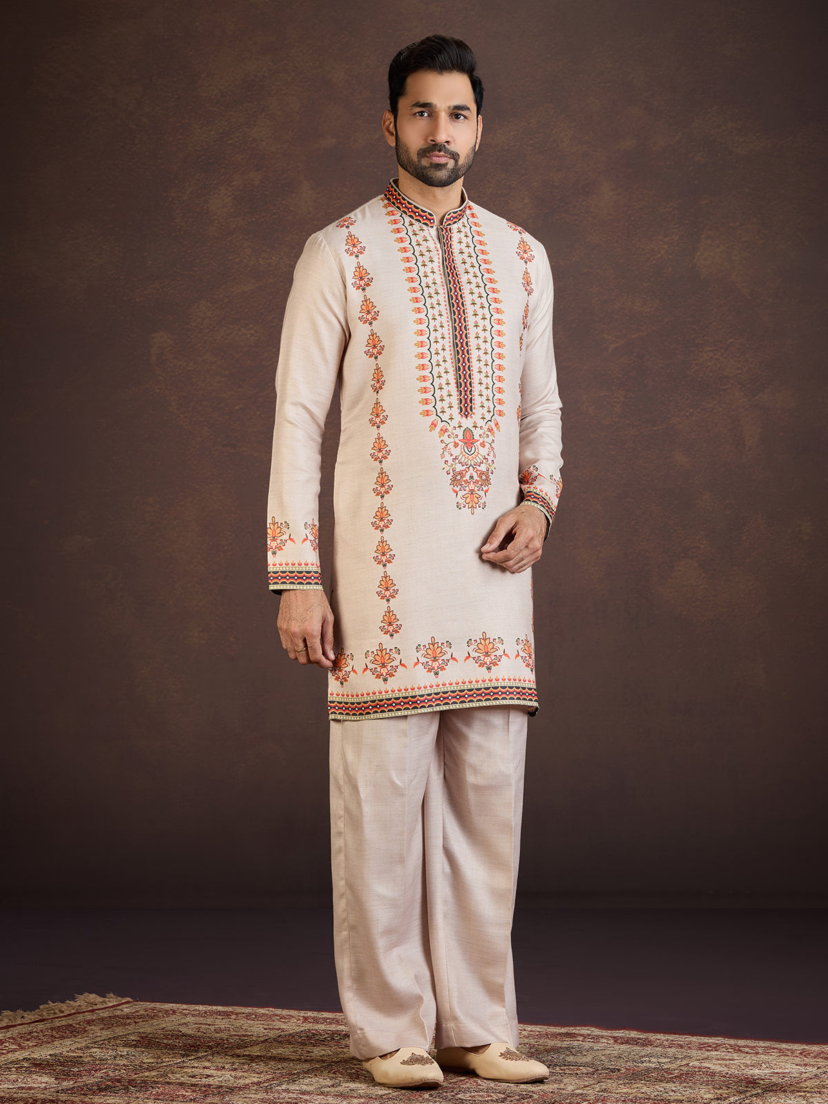 Beige wedding wear soft linen kurta suit with print