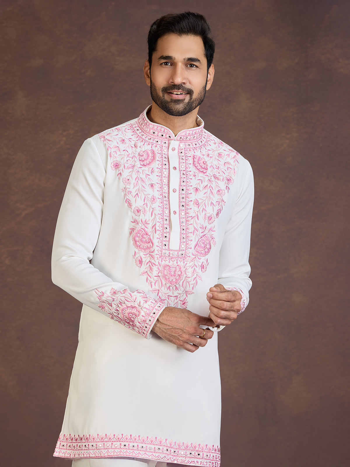 White viscose blend kurta suit with pink thread work