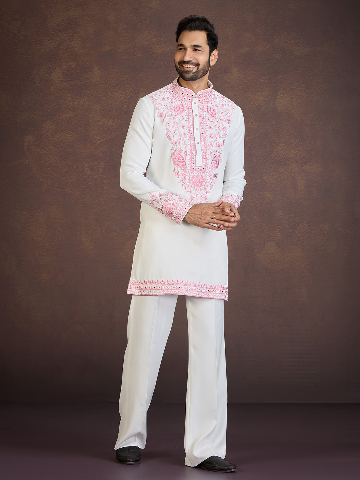 White viscose blend kurta suit with pink thread work