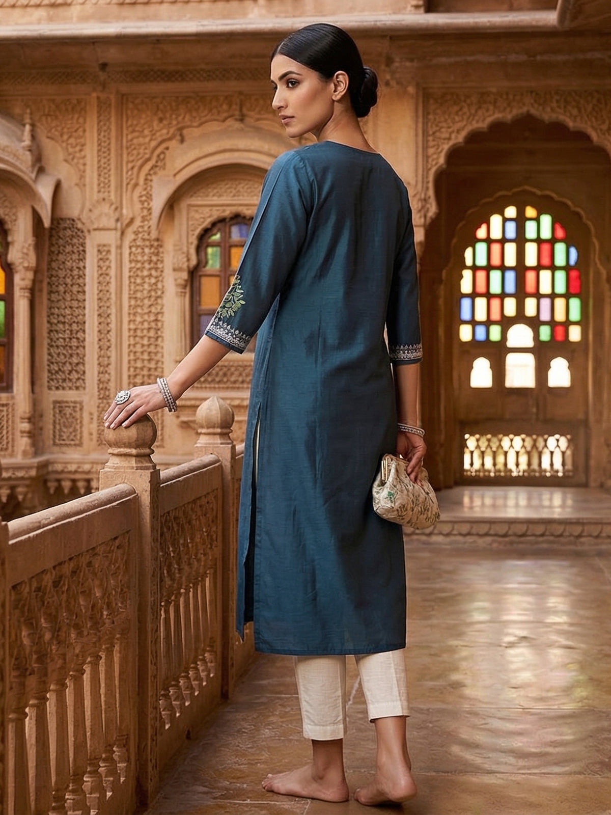 Teal blue silk thread and sequins casual kurti