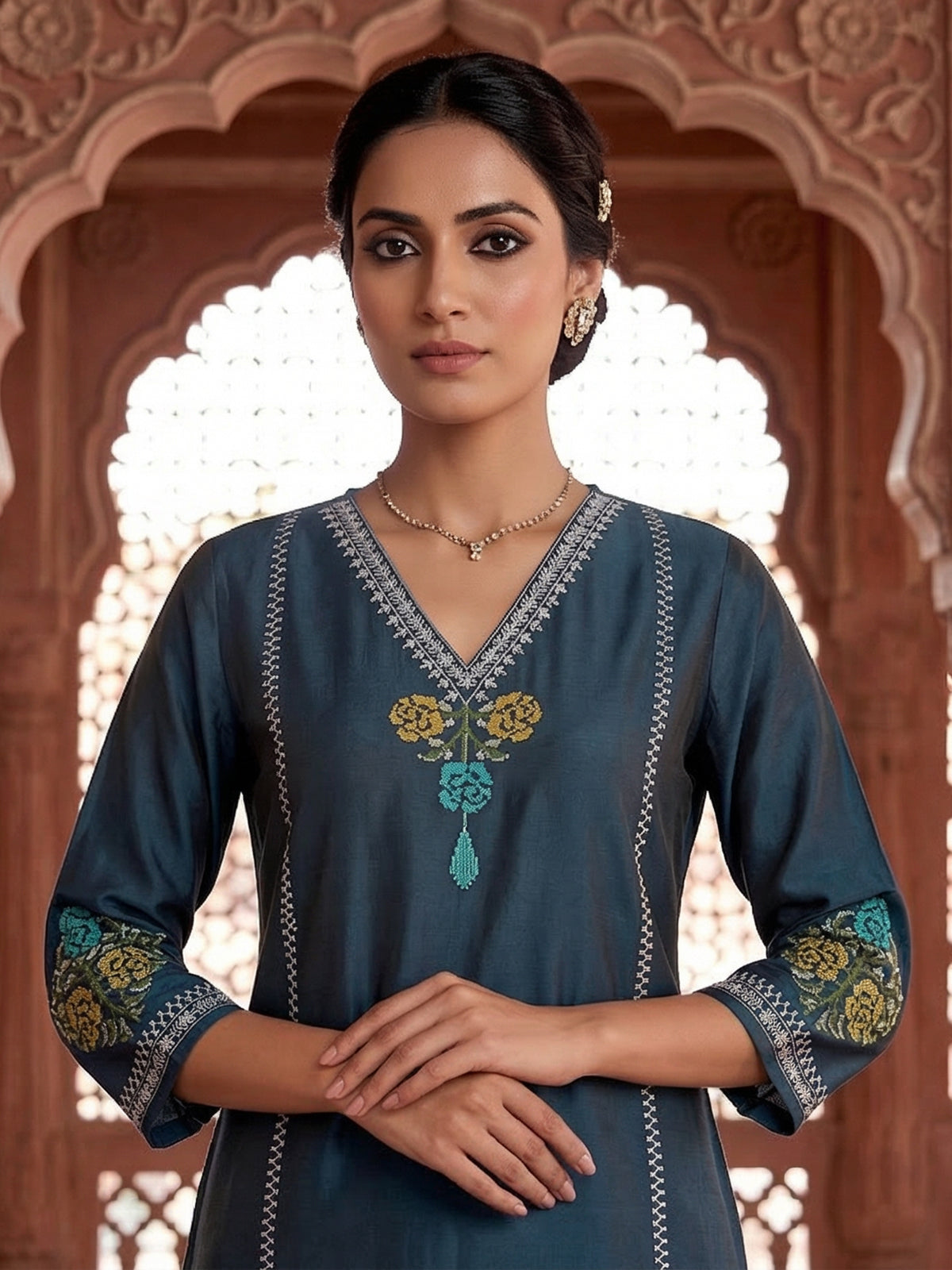 Teal blue silk thread and sequins casual kurti