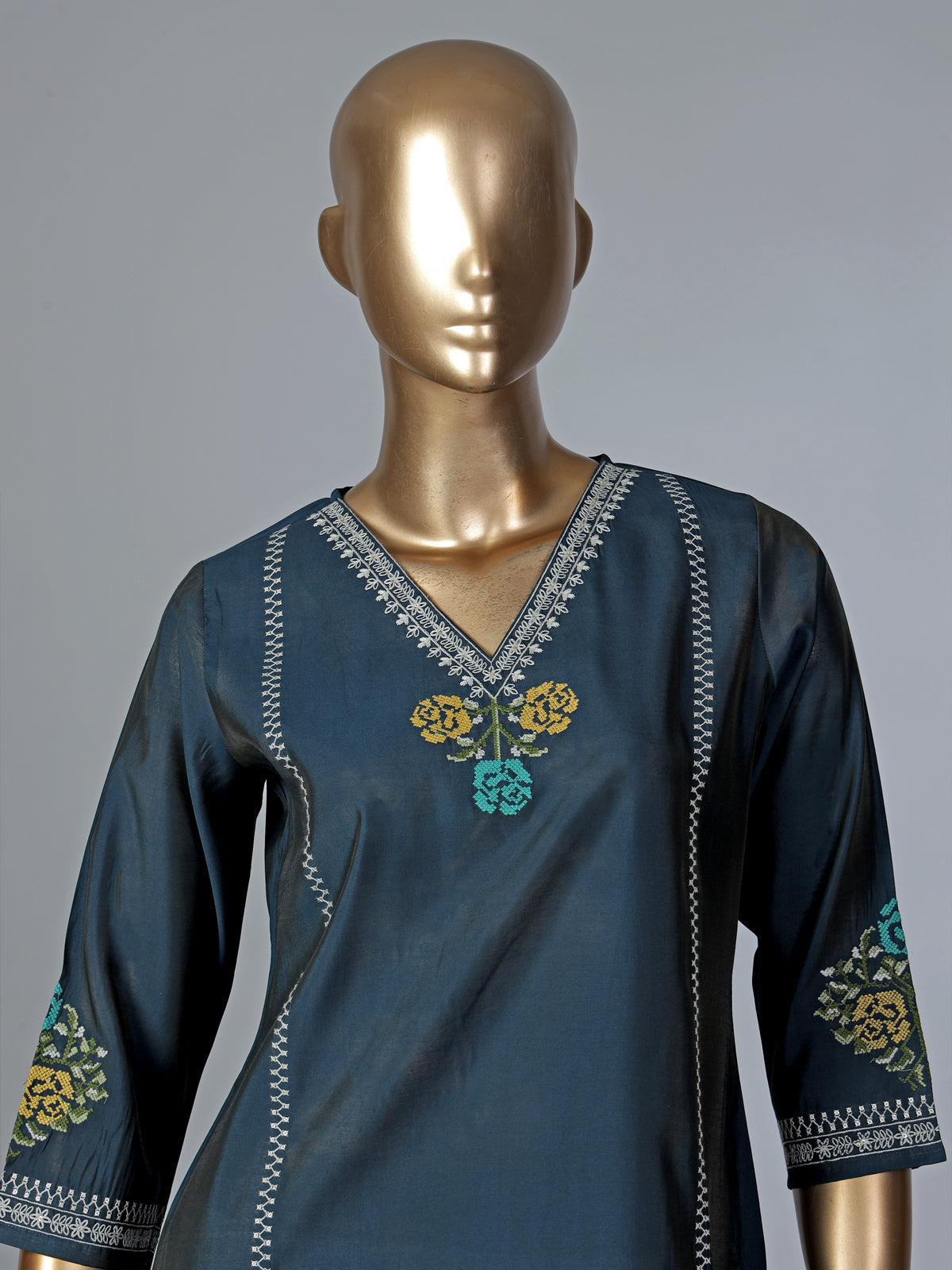 Teal blue silk thread and sequins casual kurti