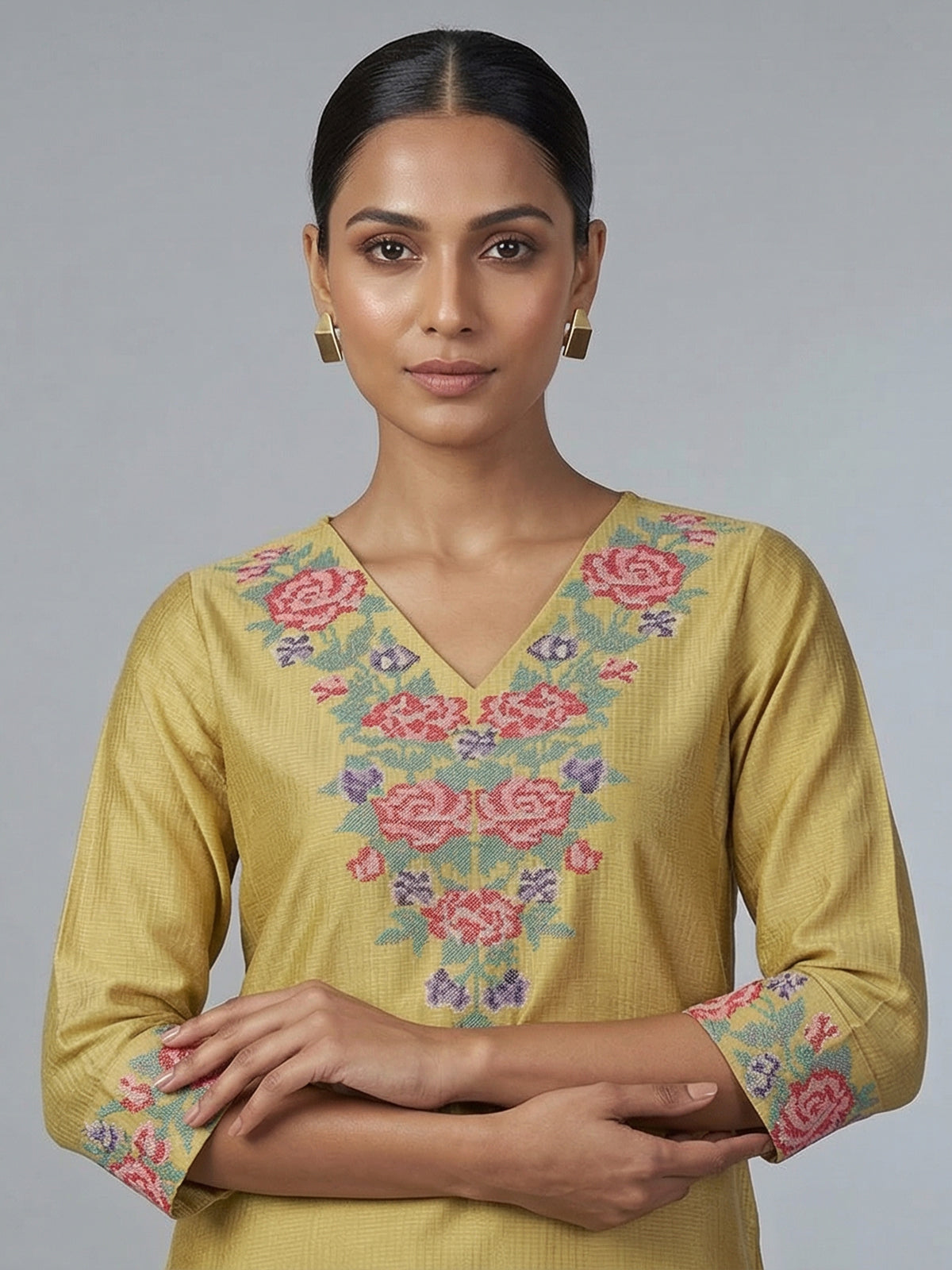 Khaki silk thread work elegant casual kurti