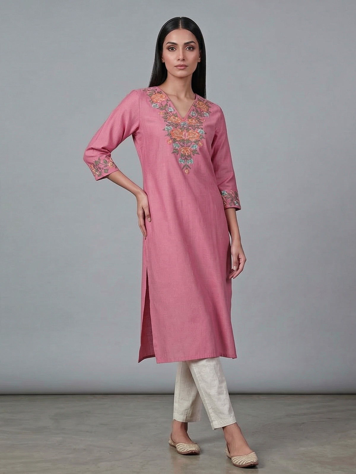 Onion pink silk thread work stylish casual kurti