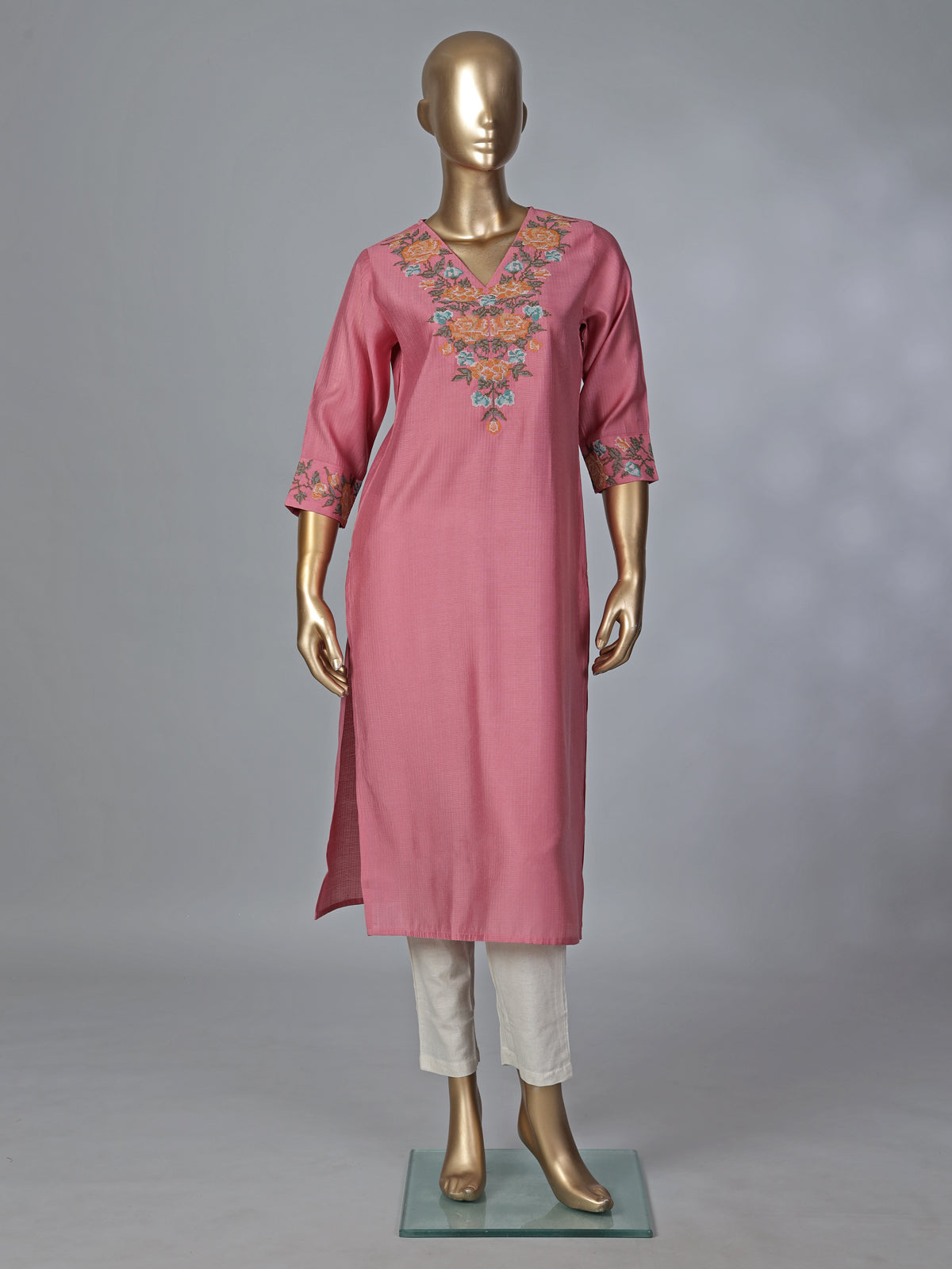 Onion pink silk thread work stylish casual kurti
