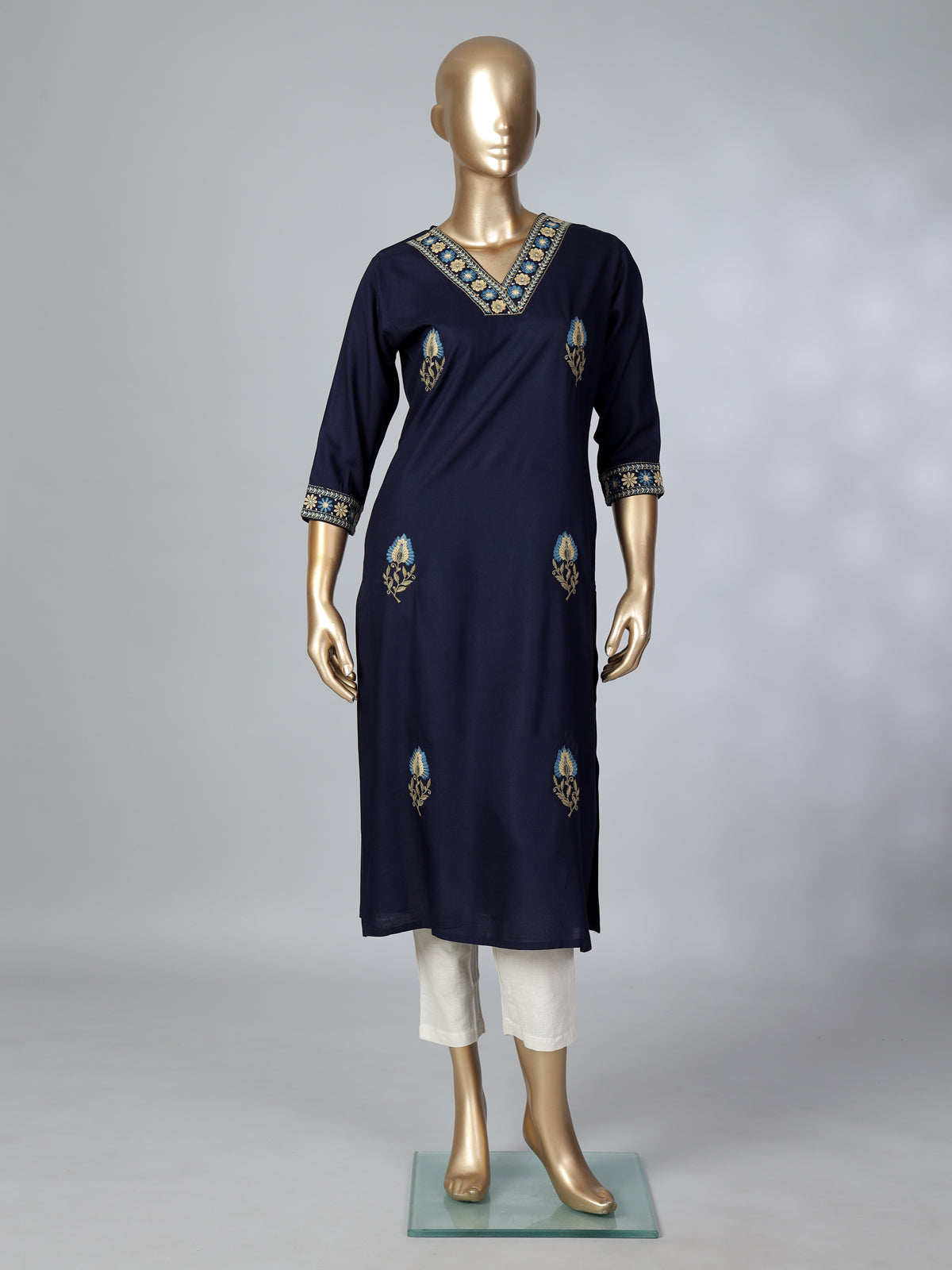 Navy blue cotton silk embroidered casual kurti