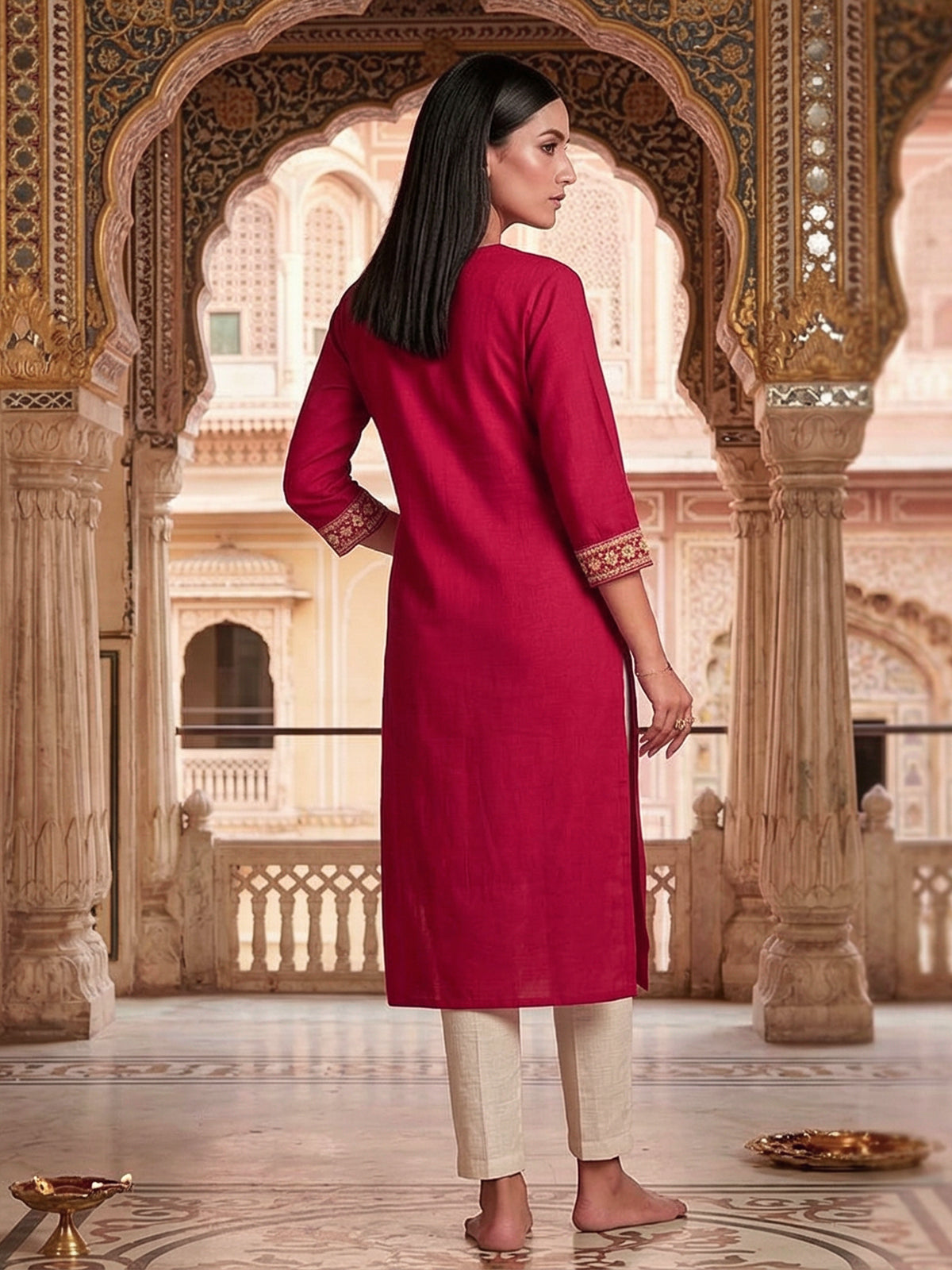 Bright maroon cotton silk embroidered elegant casual kurti
