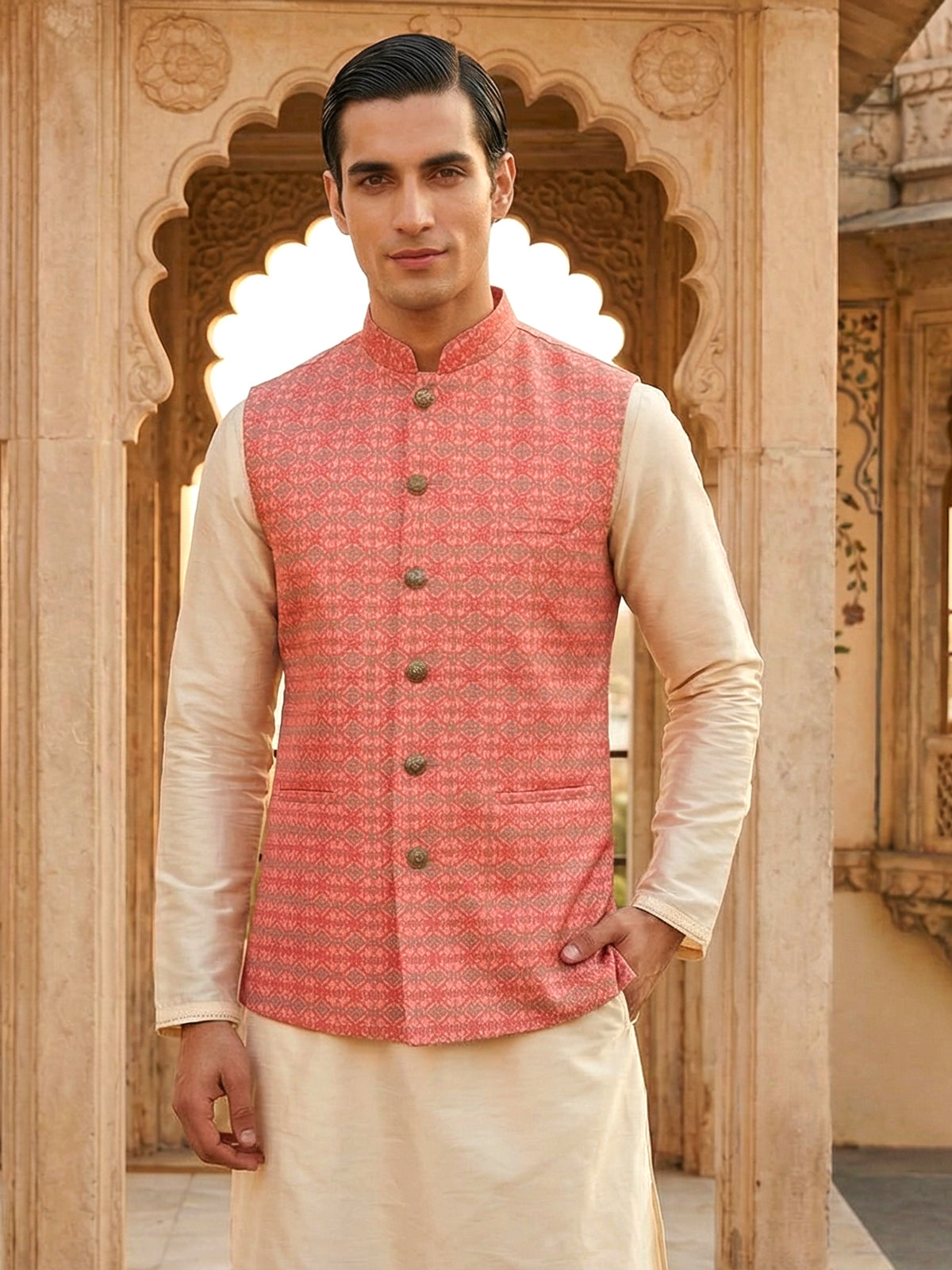 Pink and beige printed cotton silk waistcoat