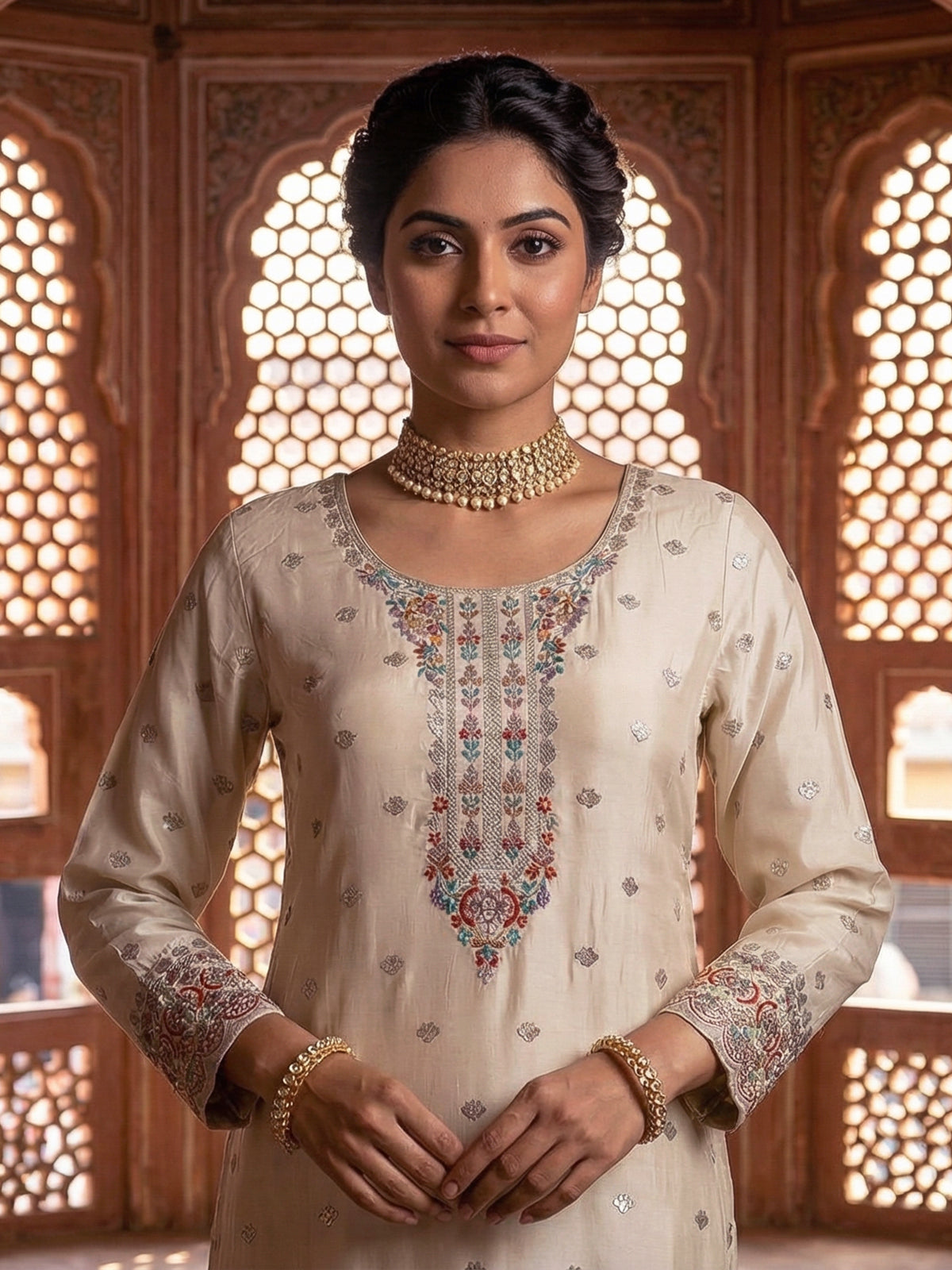 Beige crepe silk punjabi style embroidered festive salwar suit
