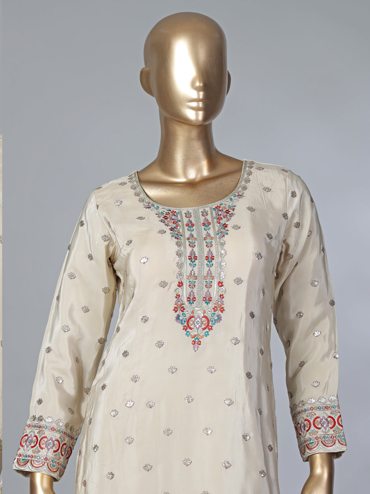 Beige crepe silk punjabi style embroidered festive salwar suit