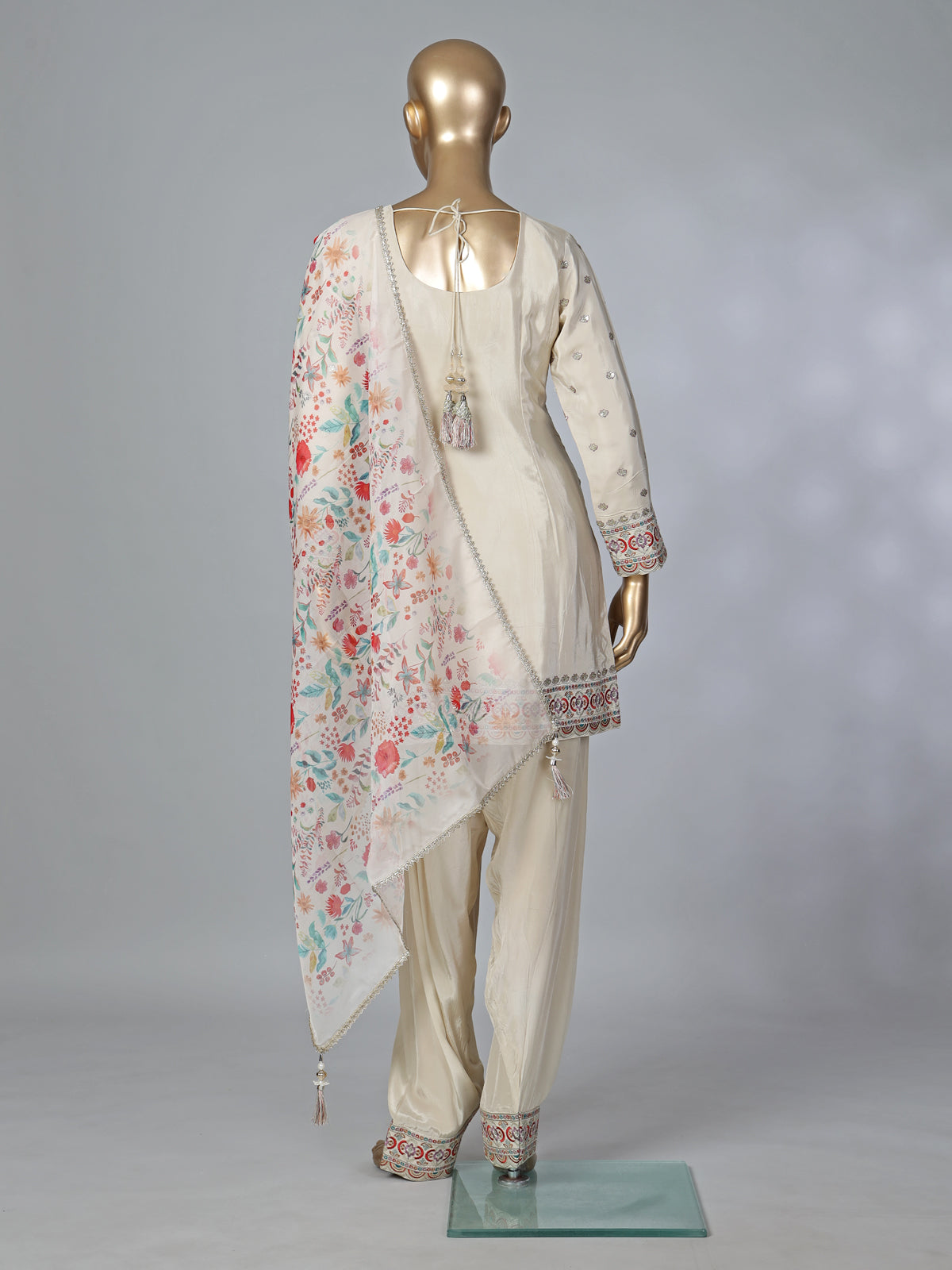 Beige crepe silk punjabi style embroidered festive salwar suit