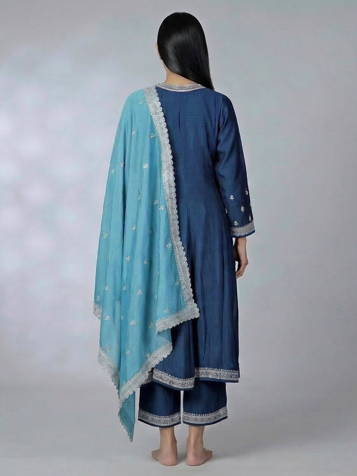 Blue silk resham diamond embellished festive palazzo suit