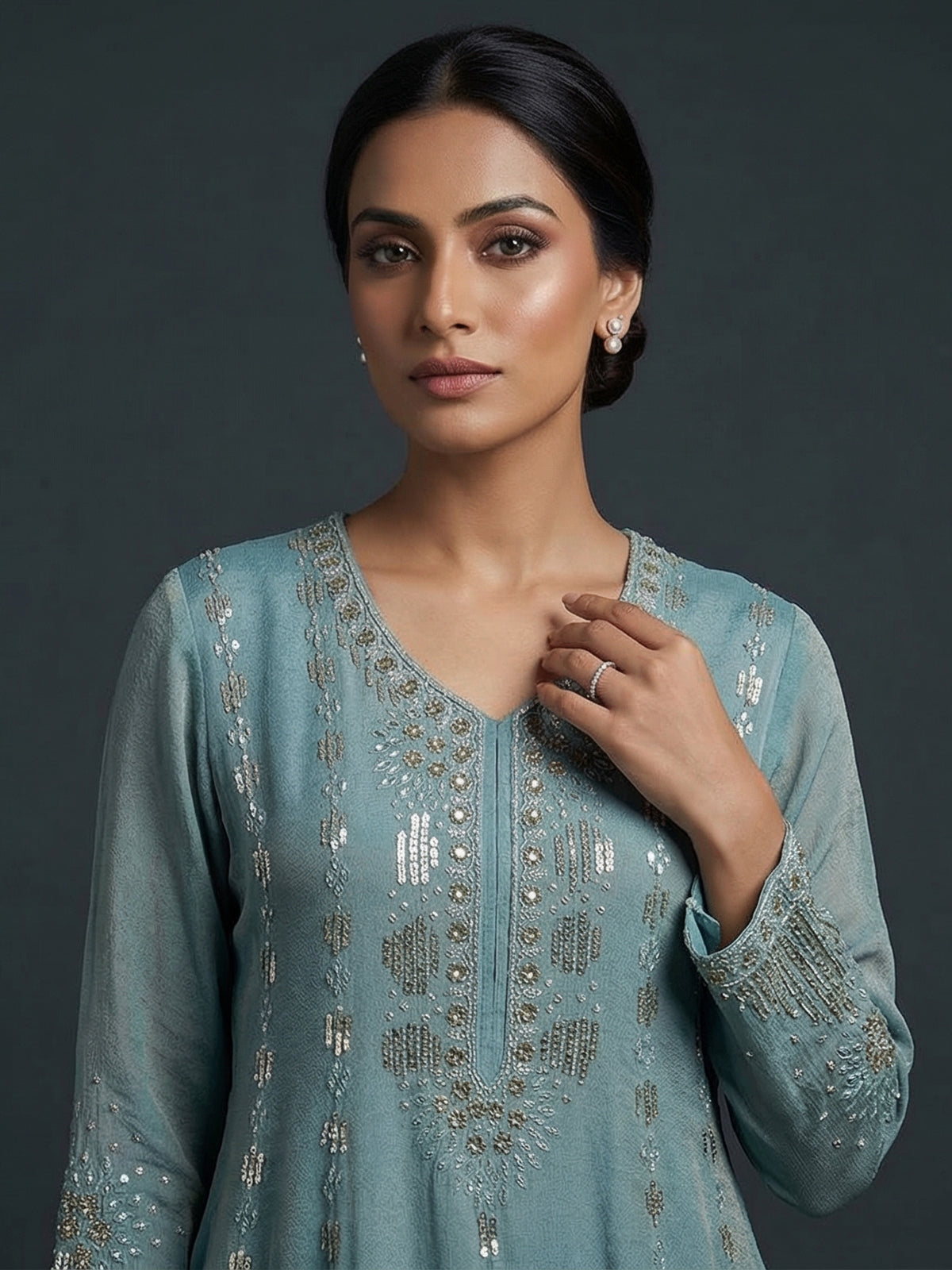 Sky blue silk pakistani style embellished palazzo suit