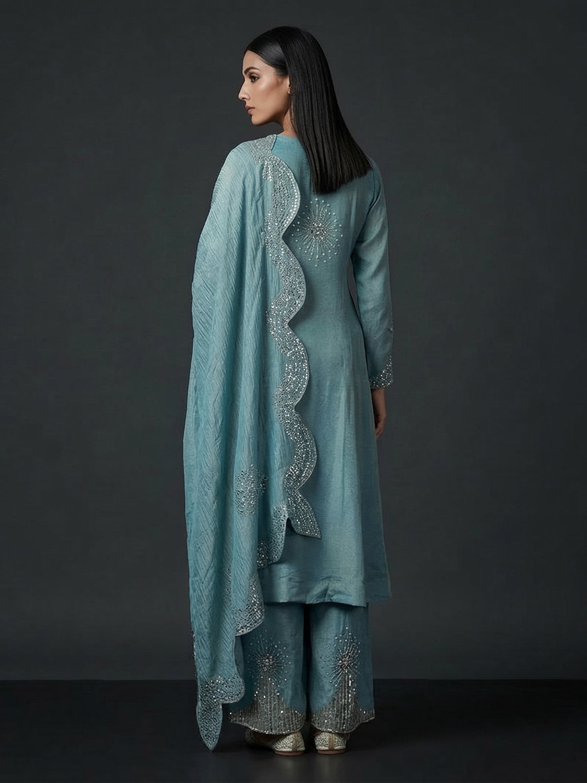 Sky blue silk pakistani style embellished palazzo suit