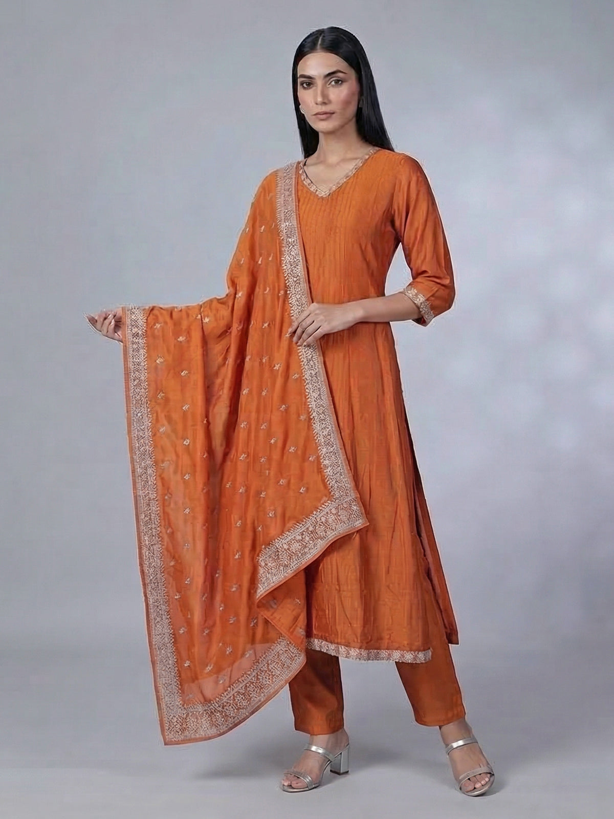 Orange silk embroidered festive salwar suit