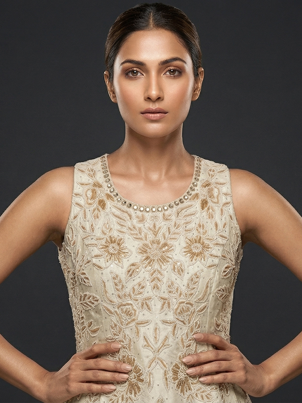 Cream silk mirror and stone embellished festive palazzo suit