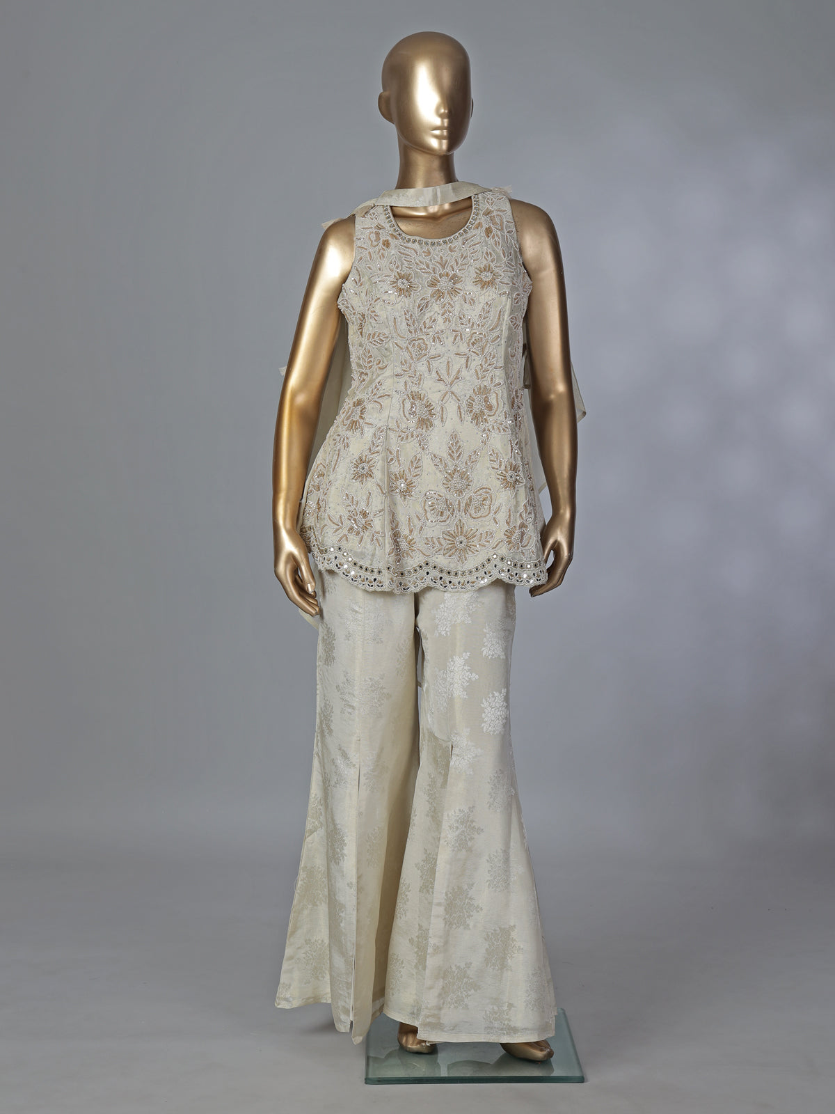 Cream silk mirror and stone embellished festive palazzo suit