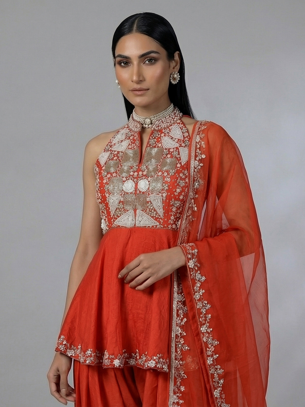 Rust orange designer silk dhoti suit with embellished dupatta